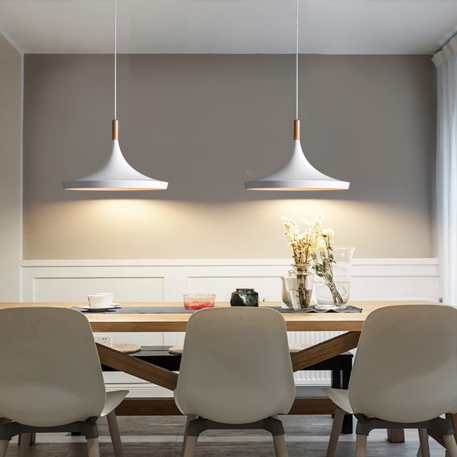 2 Light Battery Operated Pendant Light with Remote Control,White Ceiling Pendant Lights Fixtures,Nordic Style Hanging Lamp for D