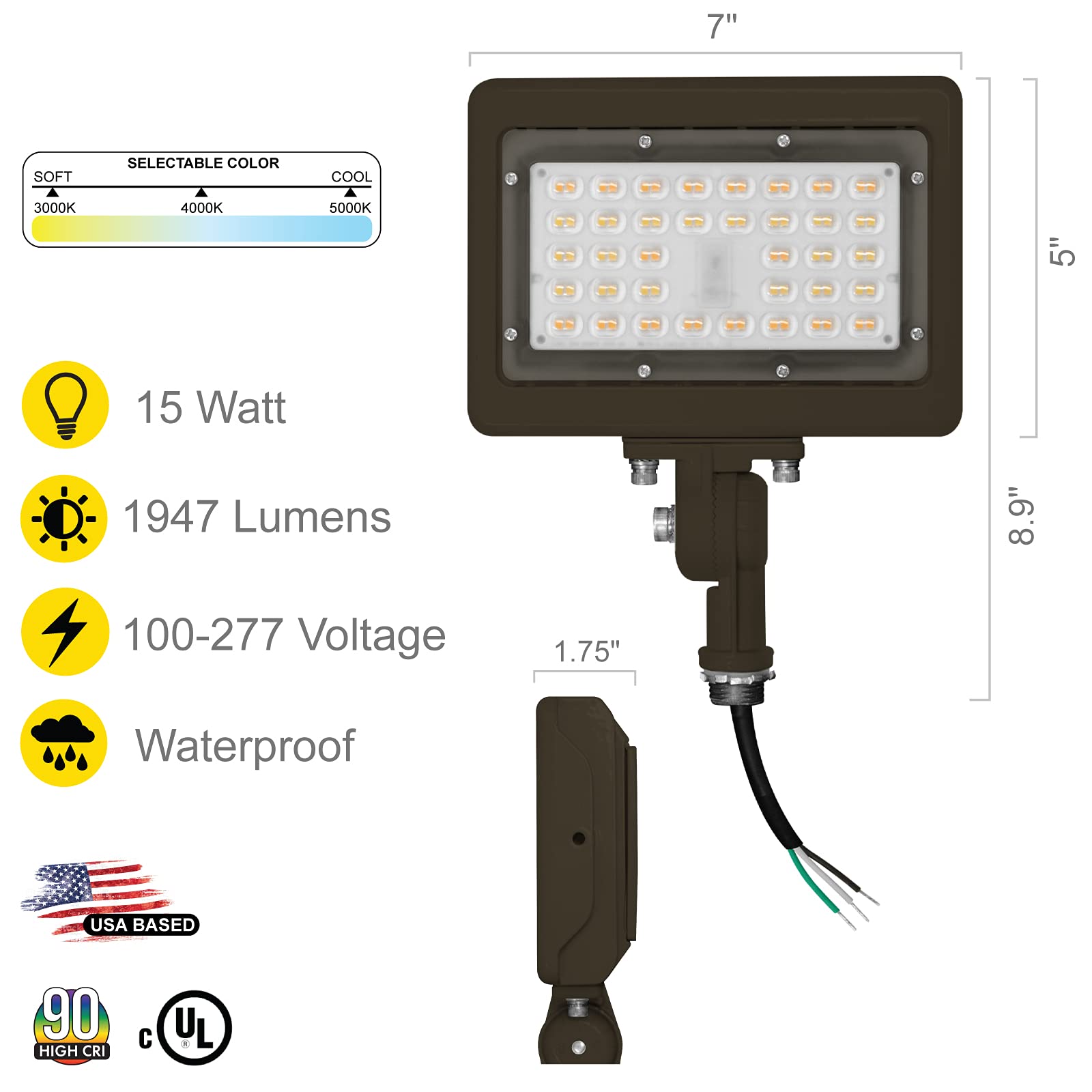 Nuwatt 15W Led Flood Light, 3Cct 3000K/4000K/5000K Selectable, Ip65 Waterproof Lighting, 1/2" Adjustable Knuckle Mount, 2100 Lumens, 120-277V, Outdoor Security Floodlight For Yard, Bronze, Ul