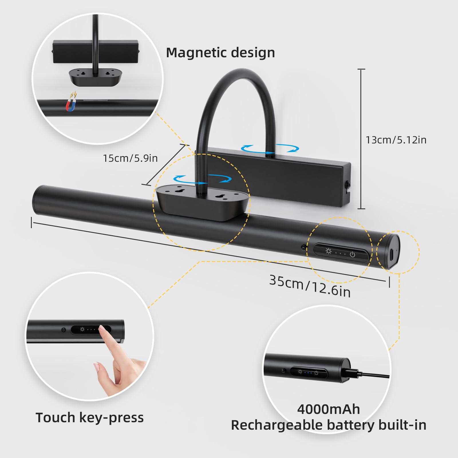 EAYOYAE 13.8inch Battery Operated Wireless Picture Light,Remote Control Painting Display Lights, Rechargeable Wall Lights with T
