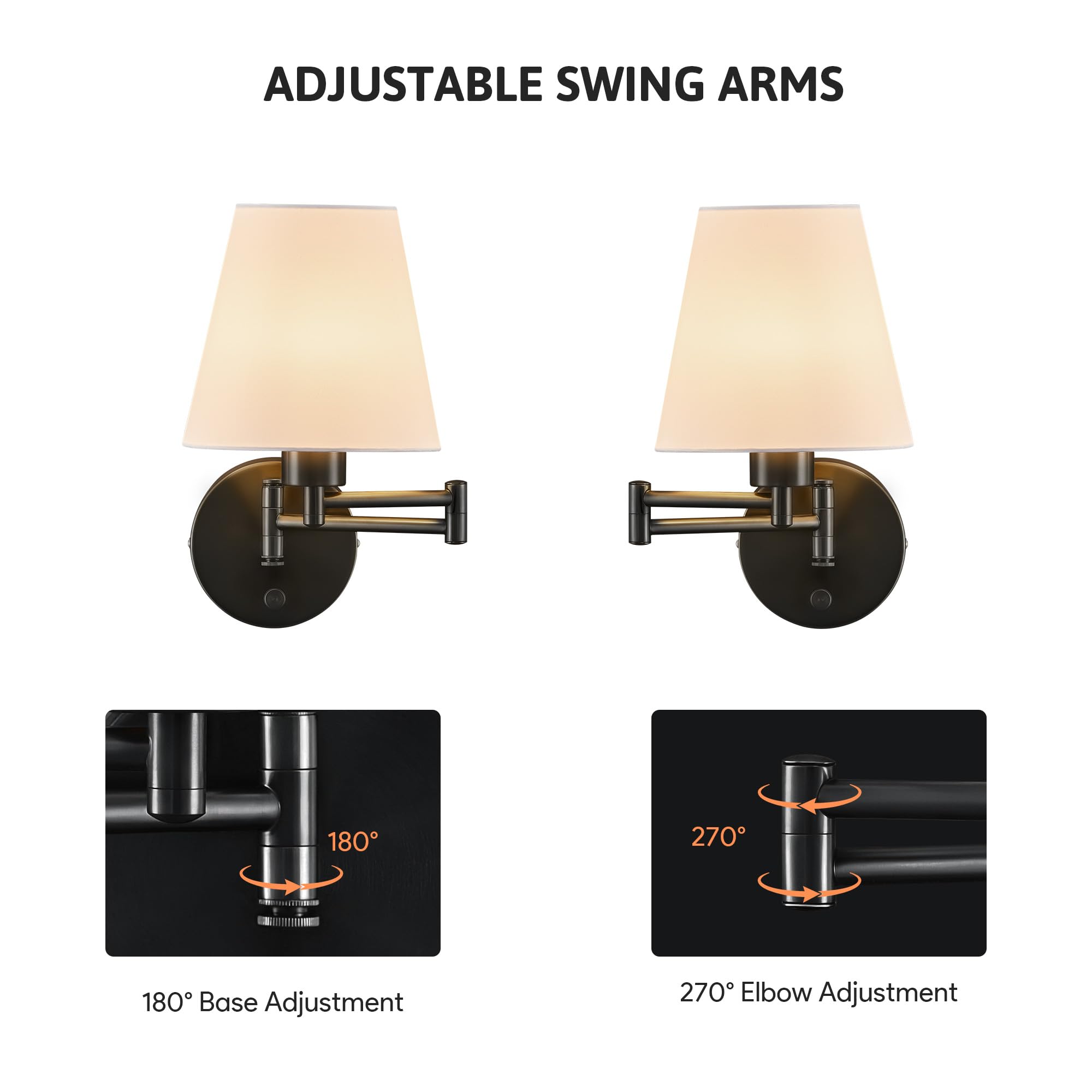 VONLUCE Wall Sconce Set of 2, Adjustable Swing Arm Lamps, Fabric Shade, Black