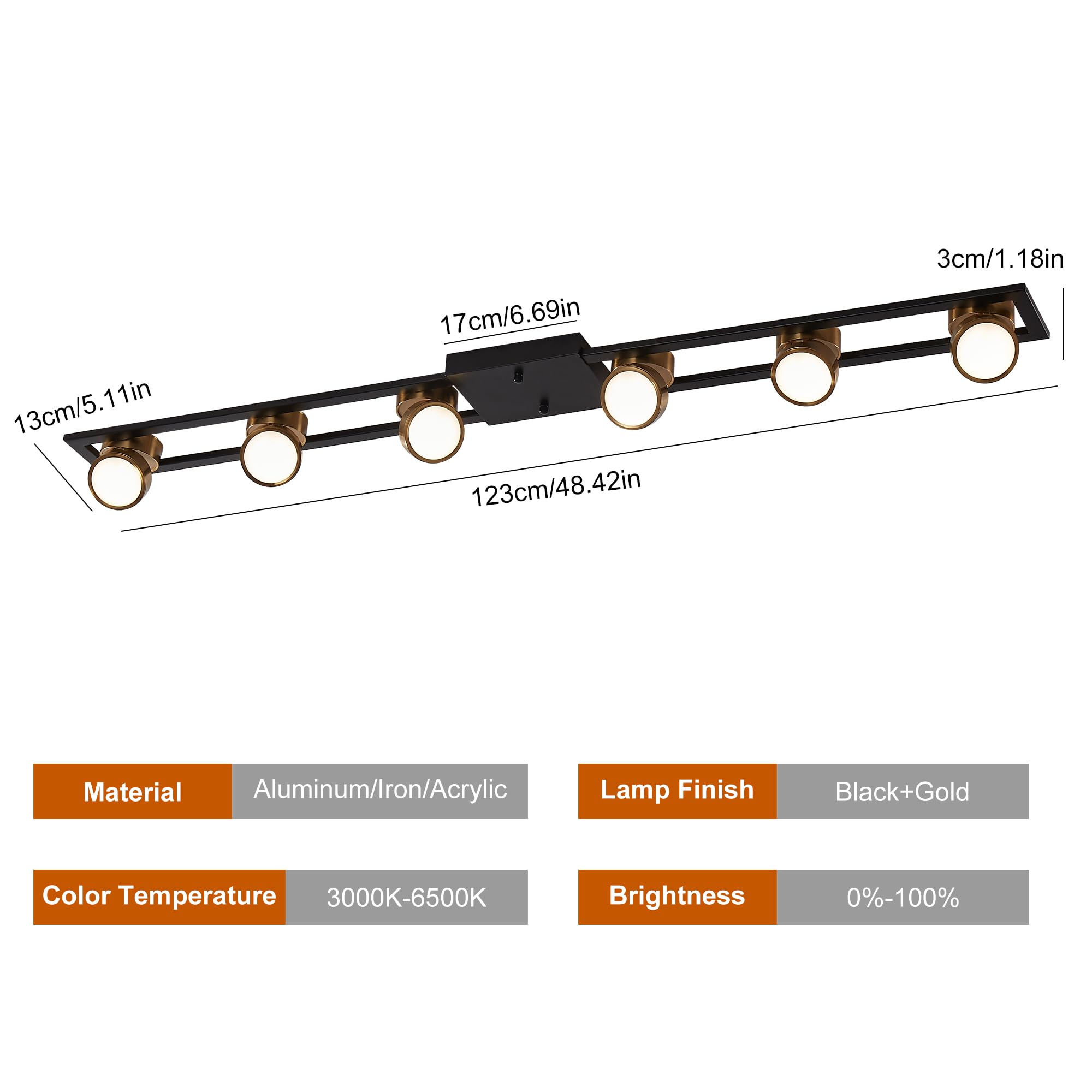 Garwarm Modern Ceiling Light, Dimmable LED Chandelier, 6-Light, 48.4 Inch, Black, Model TT-JD1605-6B-N
