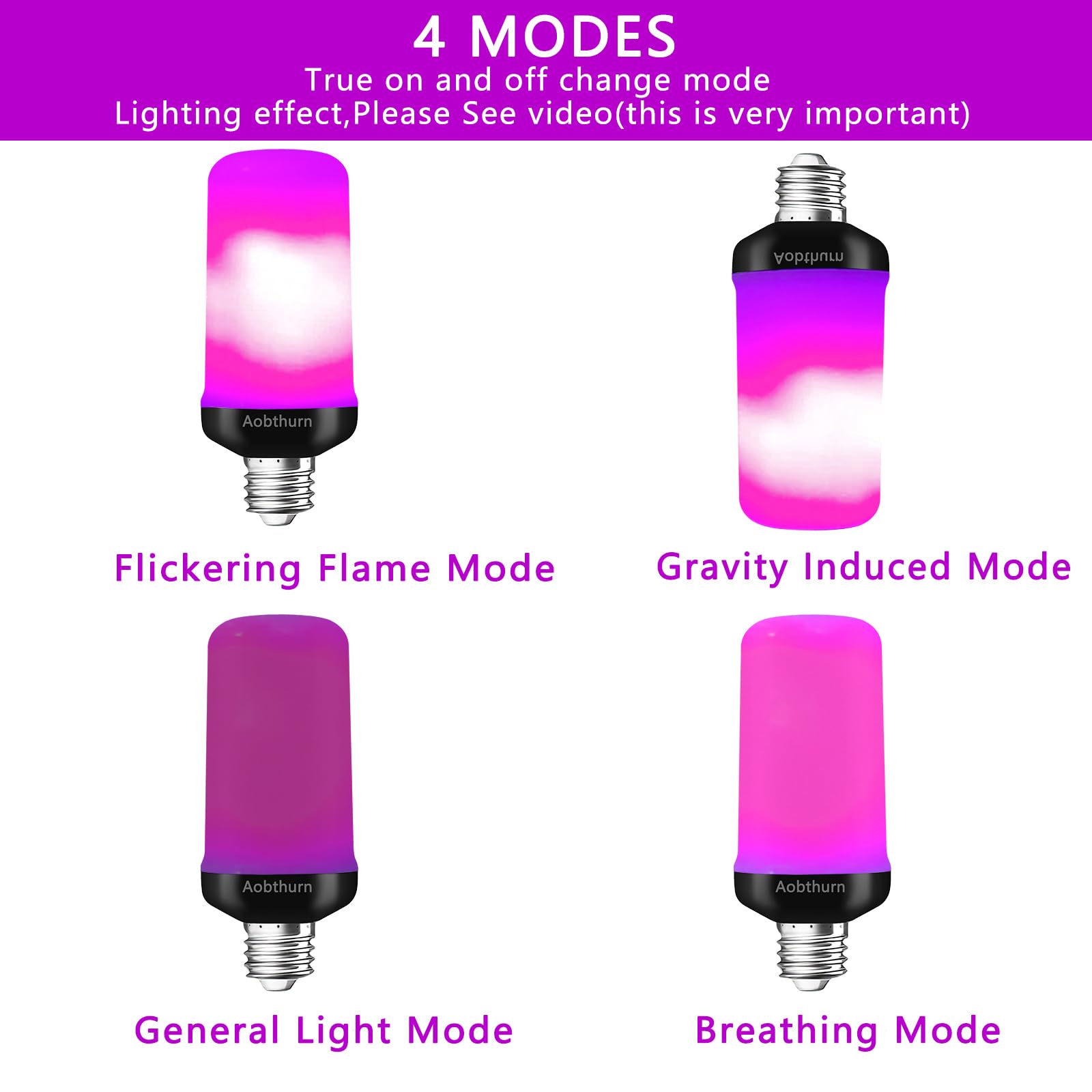 aobthurn LED Flame Light Bulbs, 4 Modes Flickering Effect, E26 Base, Gravity Sensor, Purple-2 Pack, Model AF240301A