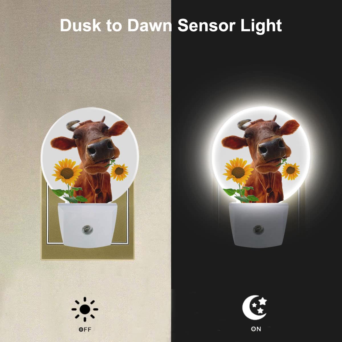 Ekobla Yellow Cattle Led Night Light Cute Farm Animal Cattle Bite Sunflower Dusk To Dawn Night Lamp Auto Sensor For Home Indoor