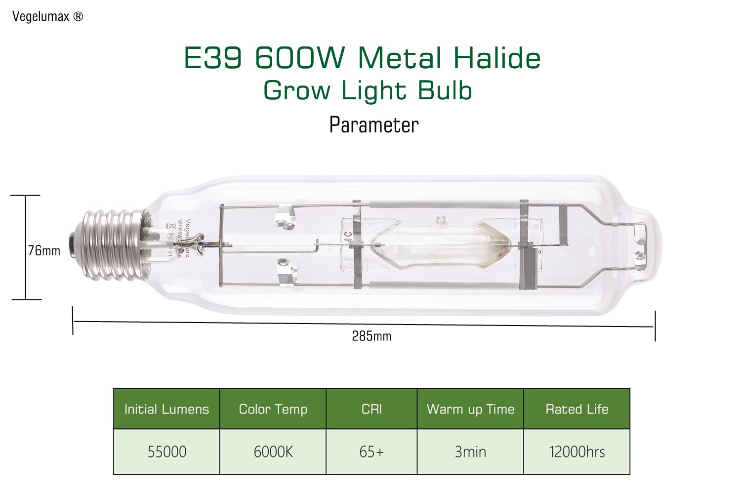 Vegelumax 600W Metal Halide Grow Light Bulb - High PAR, 6000K, 55,000 Lumens, Transparent, E39 Base, Ideal for Hydroponics