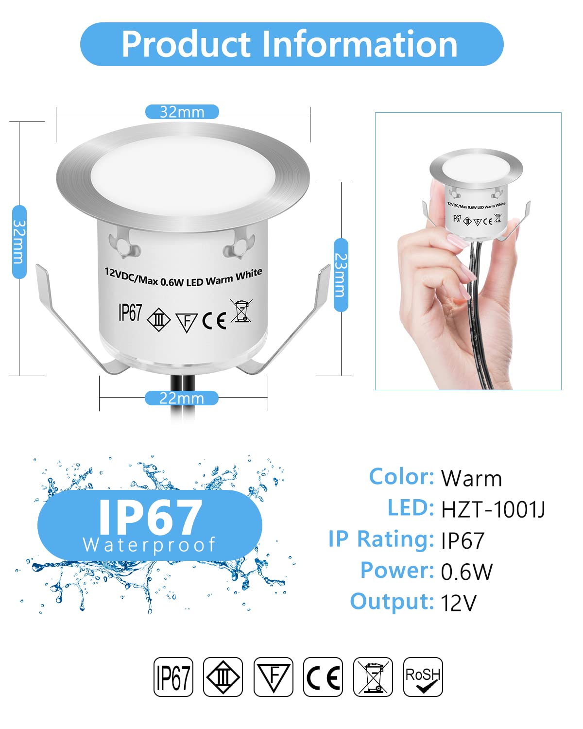 Hiboitec 16 Pack Recessed Led Deck Lights, 12V Waterproof Outdoor Stair & Step Lighting, White