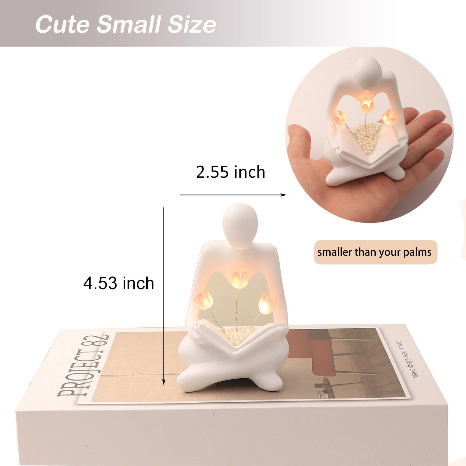 Itownkn Reading Sculptures Tulip Lamp Thinker Statue Figurine Battery Powered Night Light Modern Abstract Home Decoration  Living Room Bookshelf Office Shelves Desk Decor Aesthetic Gift