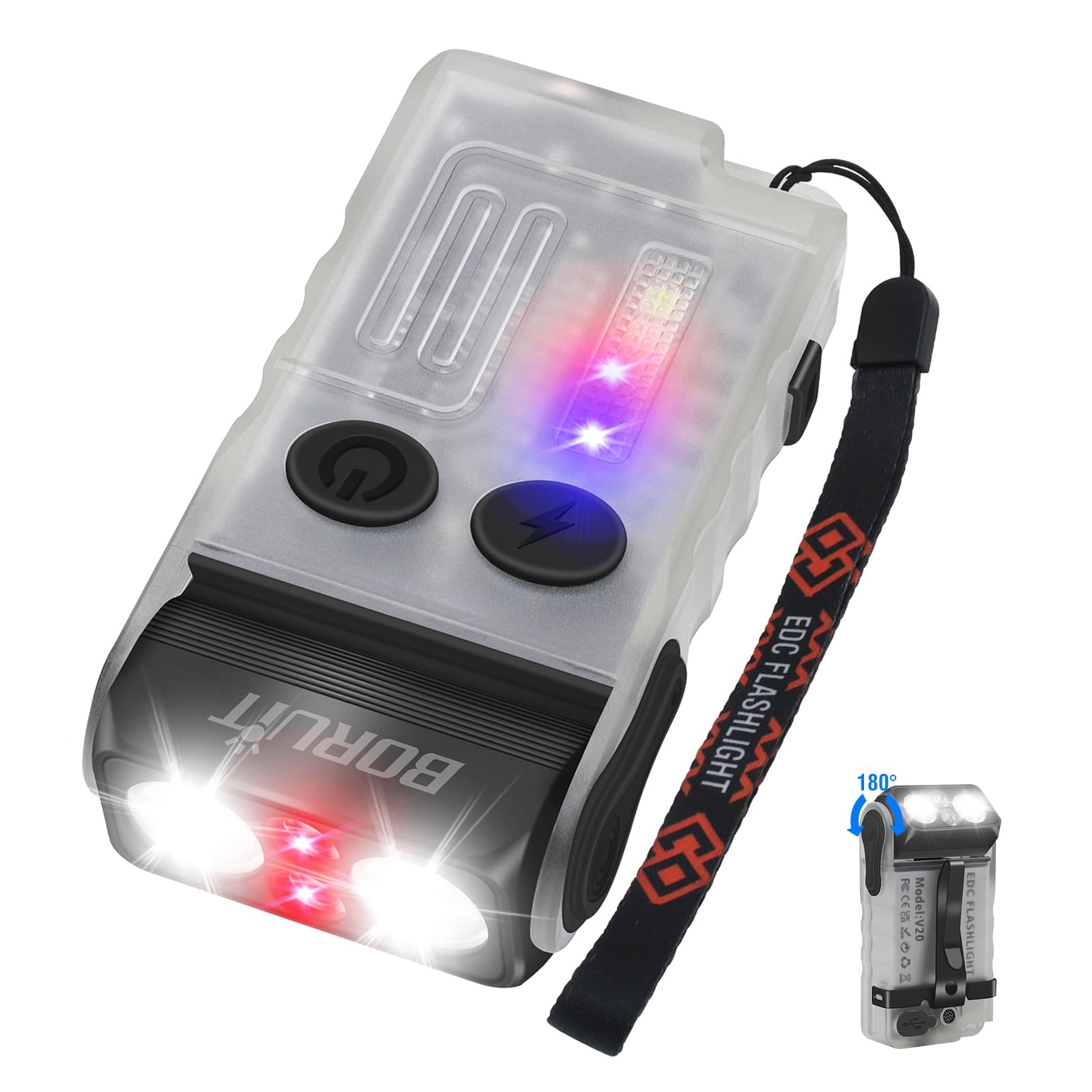 BORUiT V20 EDC Flashlight, 1000LM, USB C Rechargeable, 14 Modes, IP67, Magnetic, Red Light Version, Aluminum, White