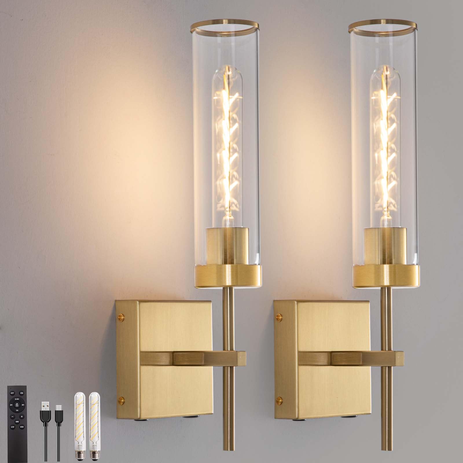 Loiogohot Gold Battery Operated Wall Sconce, Dimmable Touch, 2 Color Temperature, 8000mAh, Model WL-BN2426-GD-ME-Two