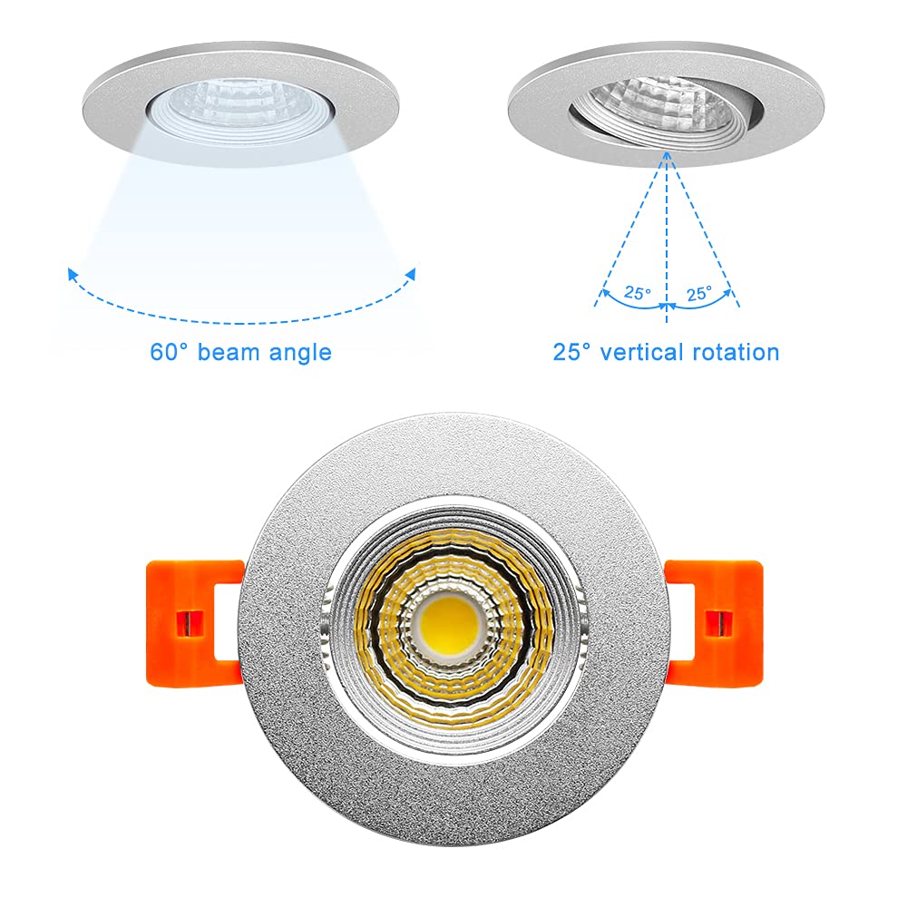 2Inch Led Recessed Ceiling Light, 3W Dimmable Led Downlight, Daylight White 5000K-5500K, 60 Beam Angle Cob Recessed Lights With Driver, 25W Halogen Bulbs, Silver 6Pack