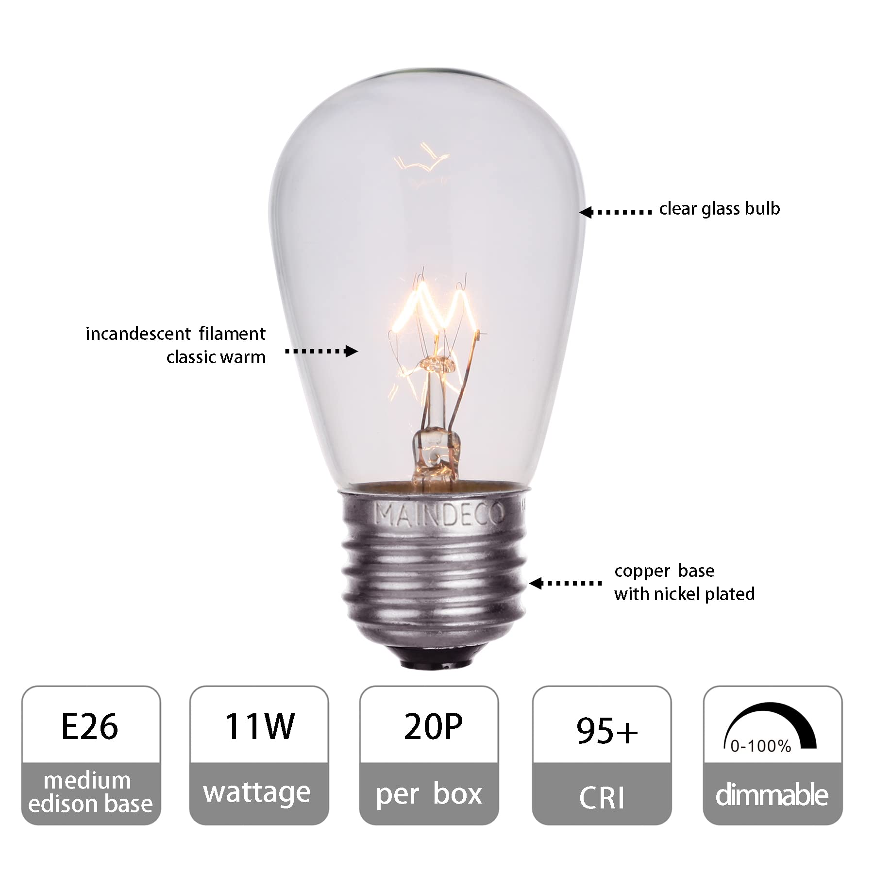 Maindeco S14 Replacement Light Bulbs, 11W Incandescent Light Bulbs With E26 Medium Base For Commercial Grade Outdoor Patio String Lights,20 Pack