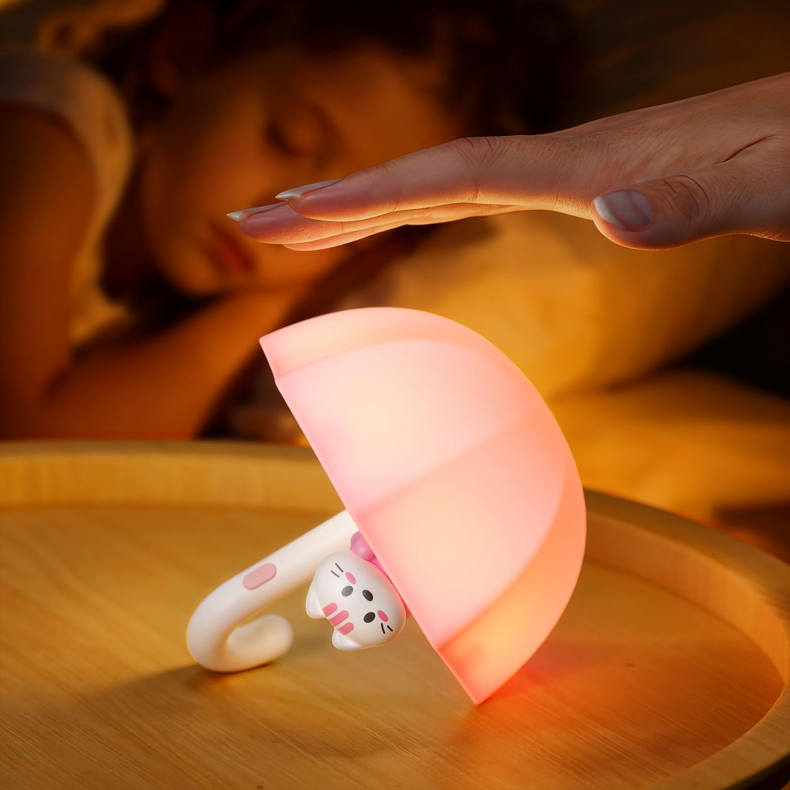 MRSCOZ LED Umbrella Night Light, Rechargeable Touch Lamp for Nursery, Bedside Lamp with Cute Animal Design, White (Pink)
