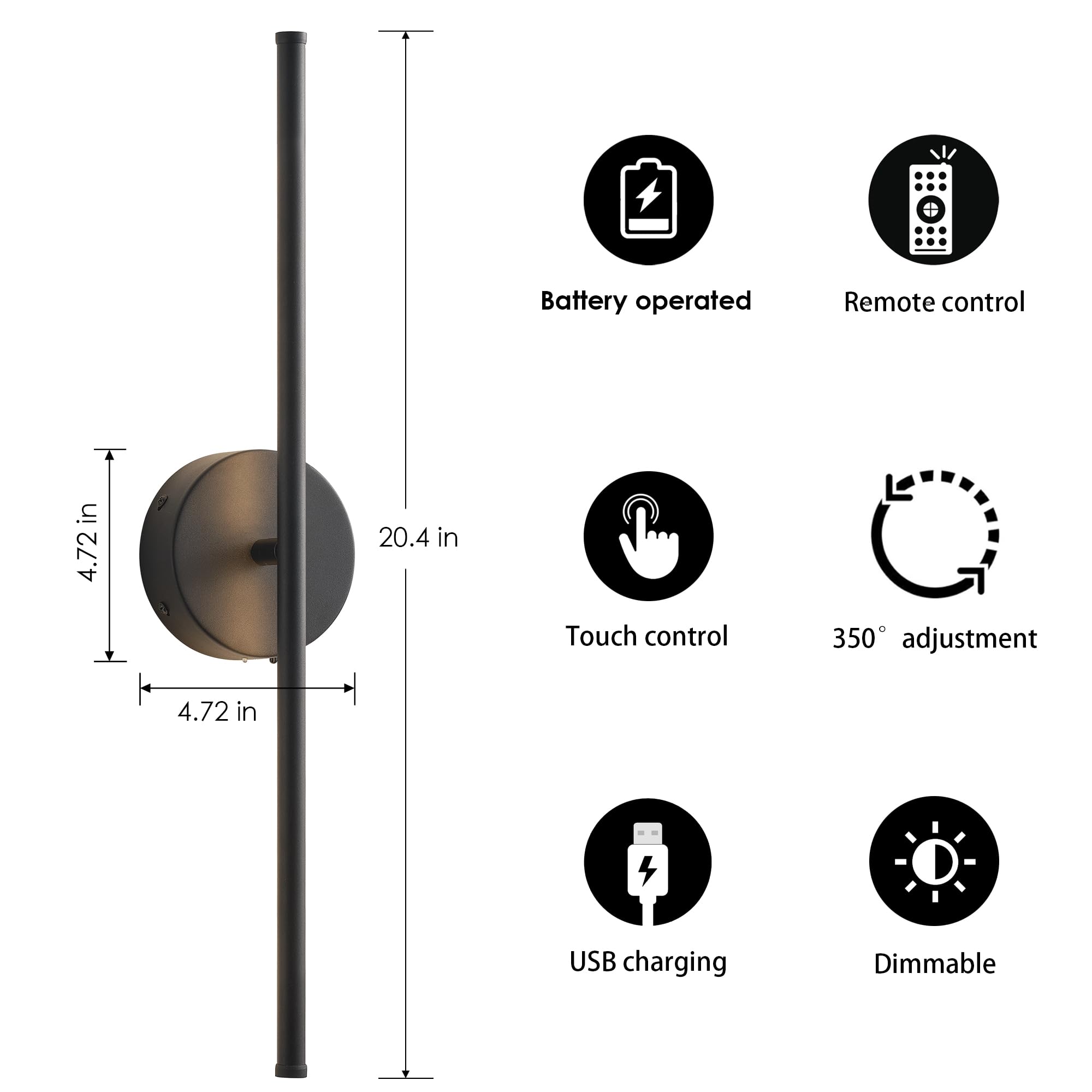 KARTOOSH Battery Operated Wall Sconces Set of 2, Dimmable 350° Rotate, 3000K LED, 20.4 Inch Black Metal Lights for Living Room
