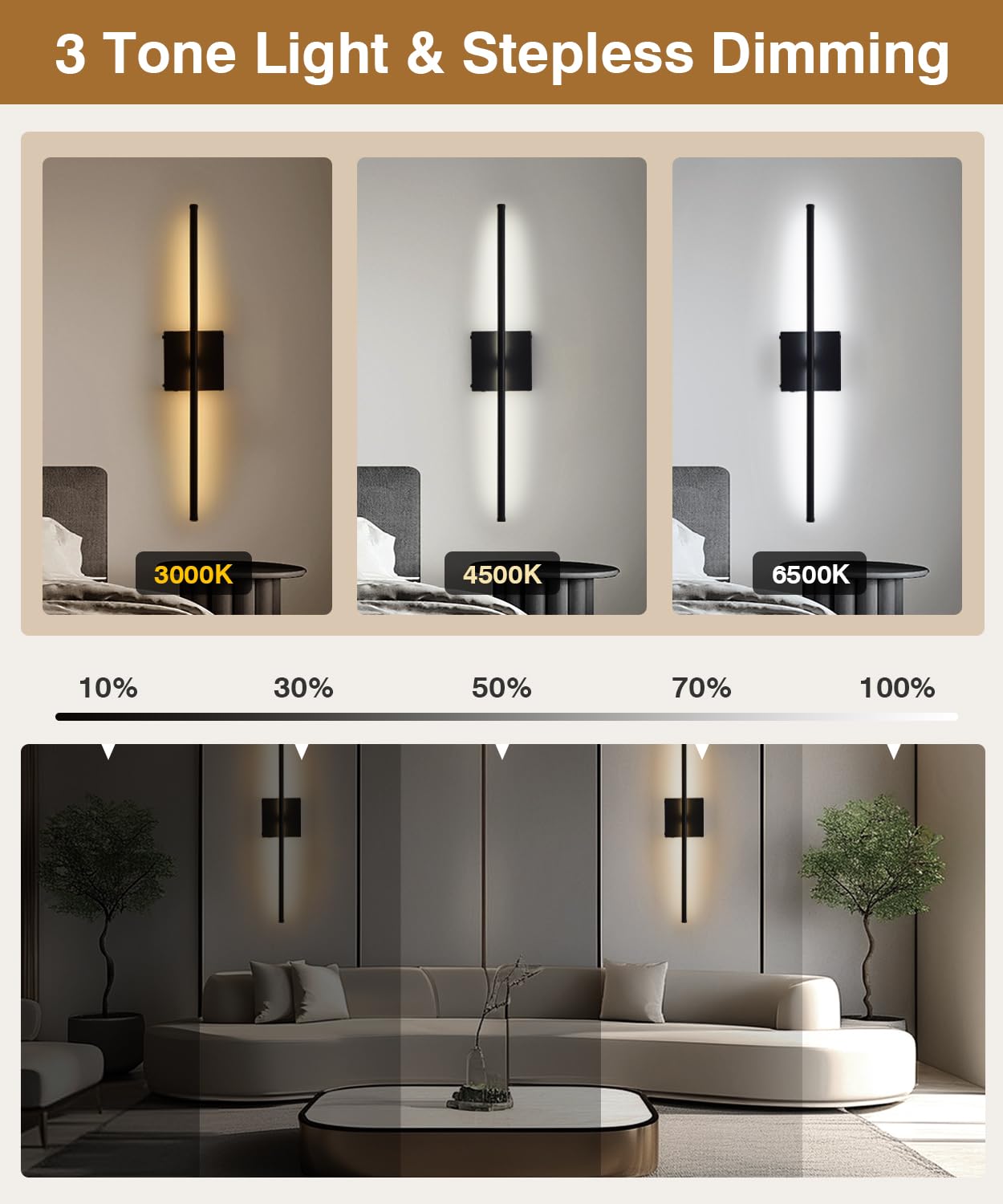 CASGAL Dimmable Battery Operated Wall Sconce Set of 2, 26.6 Inch, Black, Remote Control, LED 3000K-6500K, Model BD1179