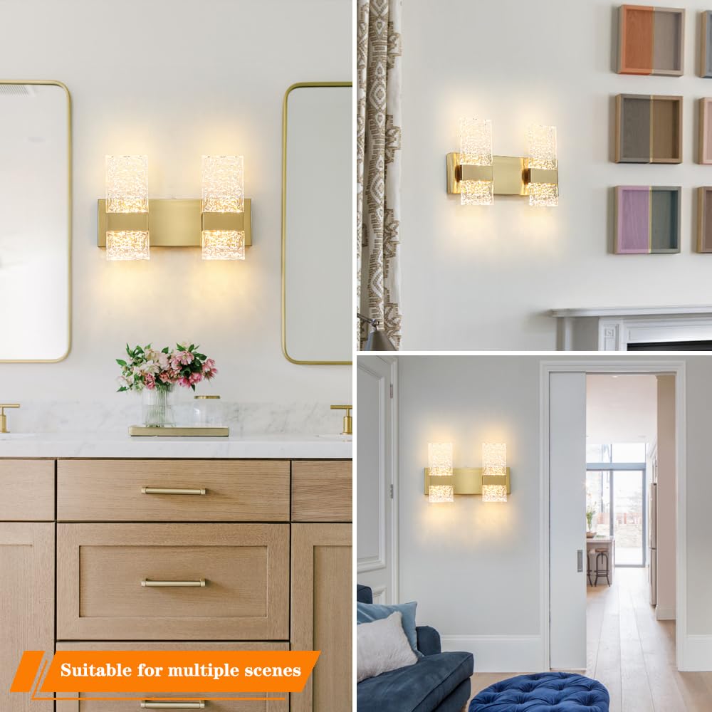 Modern Brushed Gold 4-Lights Bathroom Vanity Light  Eleglant Brass Led Bathroom Light Fixtures Over Mirror  Dimmable Acrylic Shade Wall Lighting Fixtures  Hardwired Wall Light(H9.25In  L13.78In)