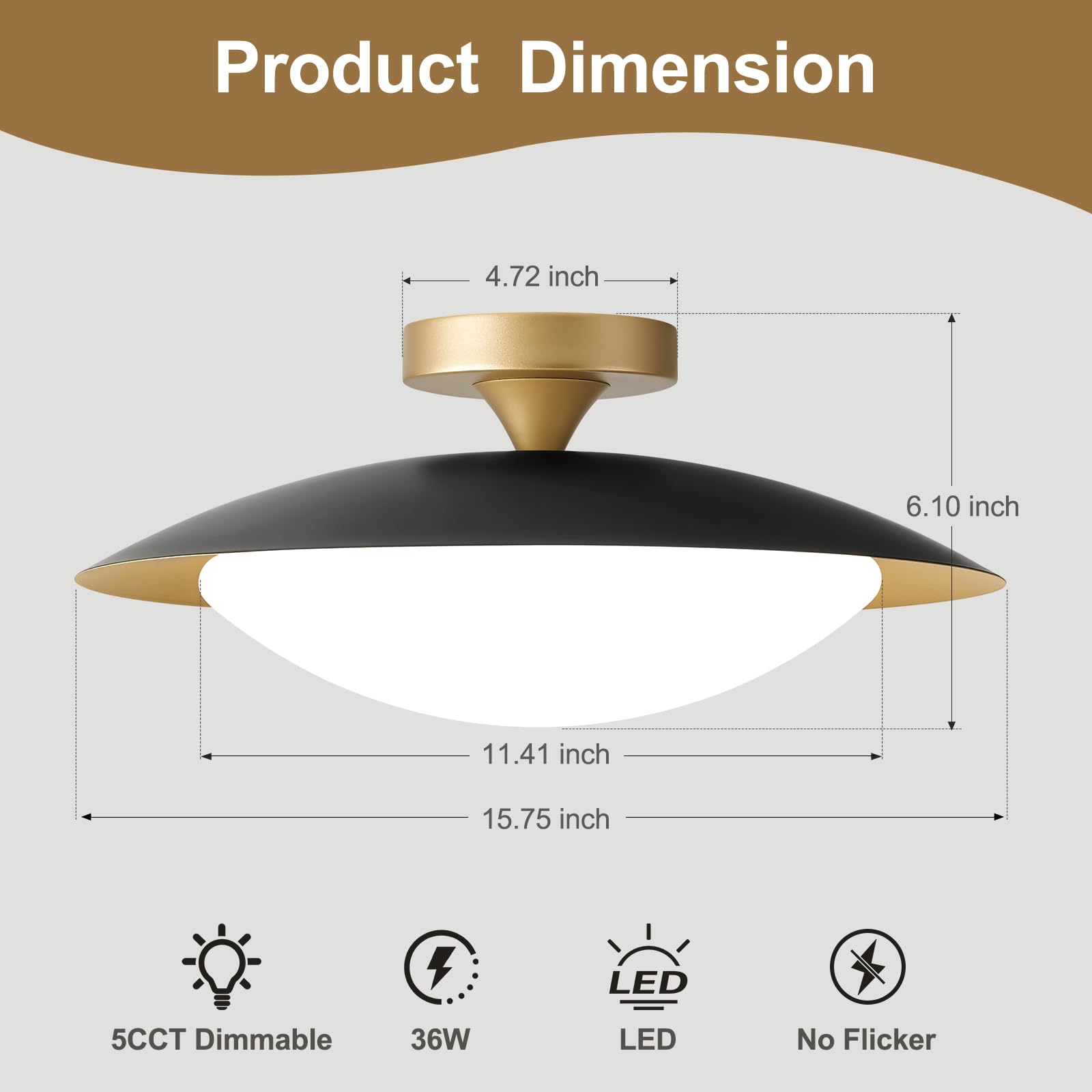 Dimmable Modern Mid-Century Ceiling Light, Black And Gold Led Semi Flush Mount Ceiling Light, 5Cct 2700K-6000K Lighting Fixture Ceiling Lamp With Acrylic Shade For Bedroom Kitchen Living Room, 15.8In