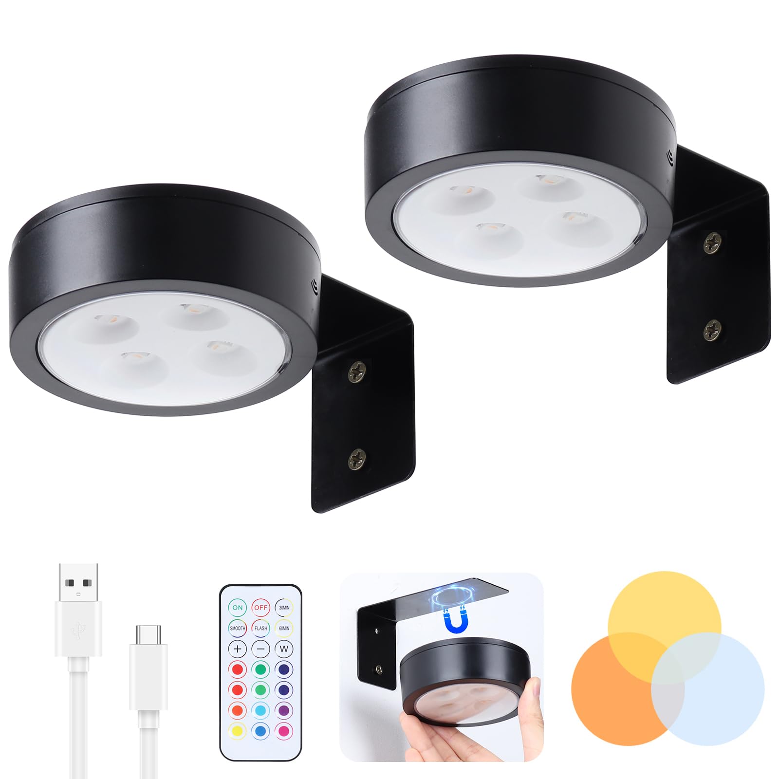 Ovyiech 2 Pack Wireless Picture Lights, Rechargeable & Dimmable, Battery Operated, Black, Model XS-PCL04-02BK