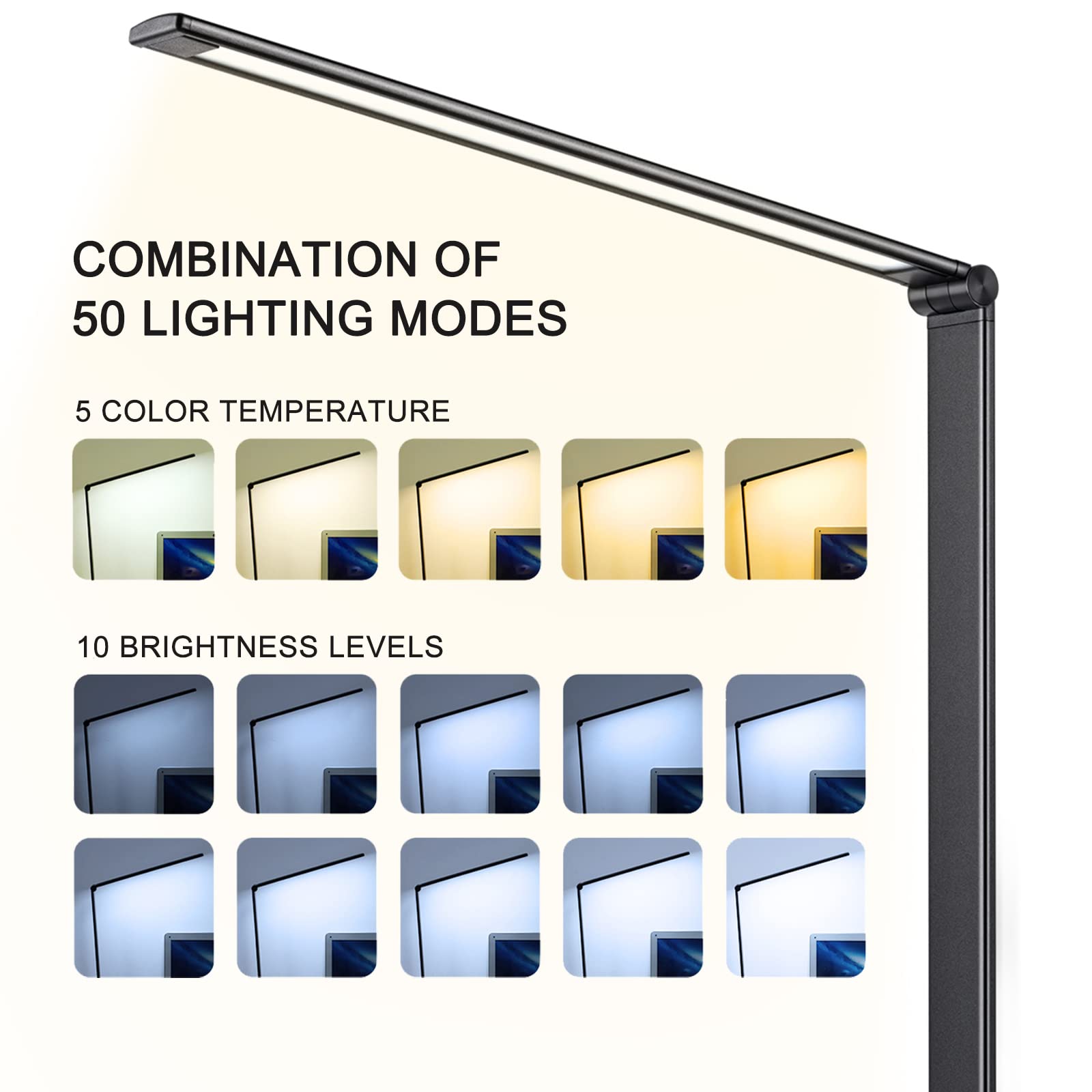 HMFUNTM LED Desk Lamp with USB Charging, 5 Color Modes, 10 Brightness Levels, Touch Control, Black