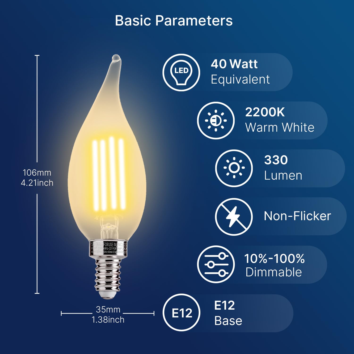 Flsnt Ca11 E12 Led Candelabra Bulbs, Dimmable Led Chandelier Light Bulbs, 40W Equivalent, 2200K Warm White Light, 330Lm, Amber G