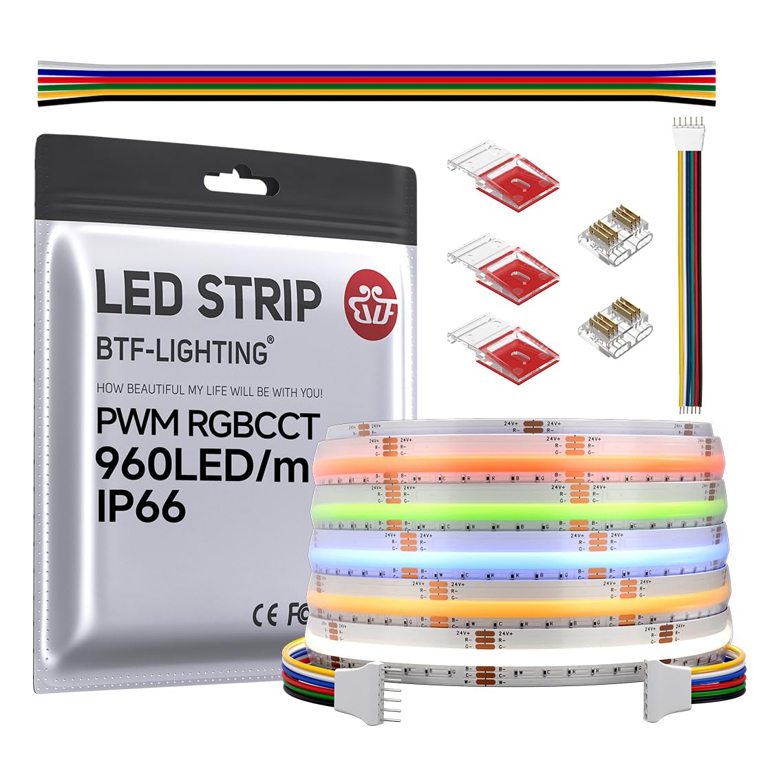 Btf-Lighting Fcob Ip66 Cob Led Strip Rgbcct Color Changing 16.4Ft 960Led/M Dc24V Flexible High Density Light Rgb+Cct Tunable 3000K-6000K 12Mm Width For Indoor Decor(No Adapter Or Controller)
