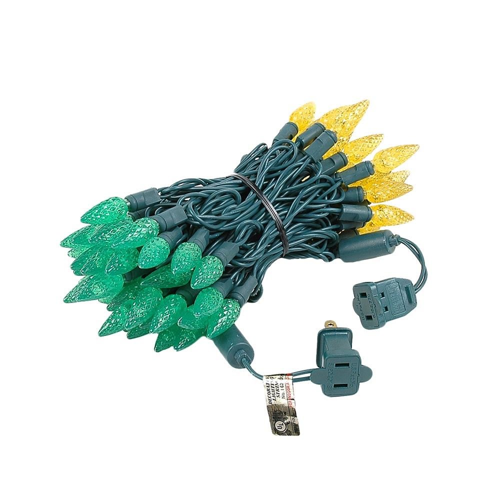 Novelty Lights C6 Led Christmas Mini Light Set, 70 Lights, 24Ft, Green/Yellow, Commercial Grade Outdoor String Lights, Green Wire