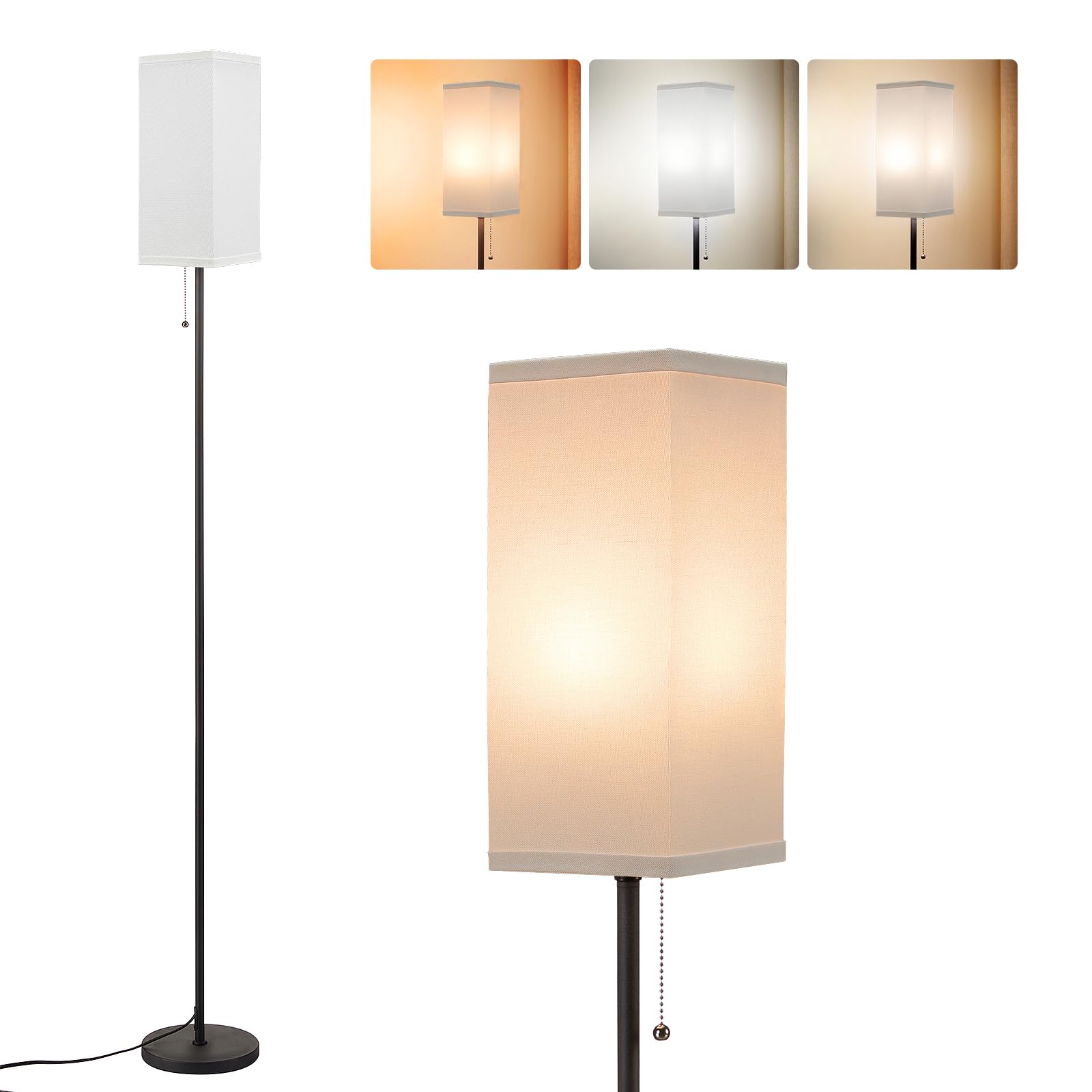Ziisee Floor Lamps for Living Room Modern - 3 Color Temperature Black Standing Lamps with Pull Chain Switch, Tall Lamp for Offic