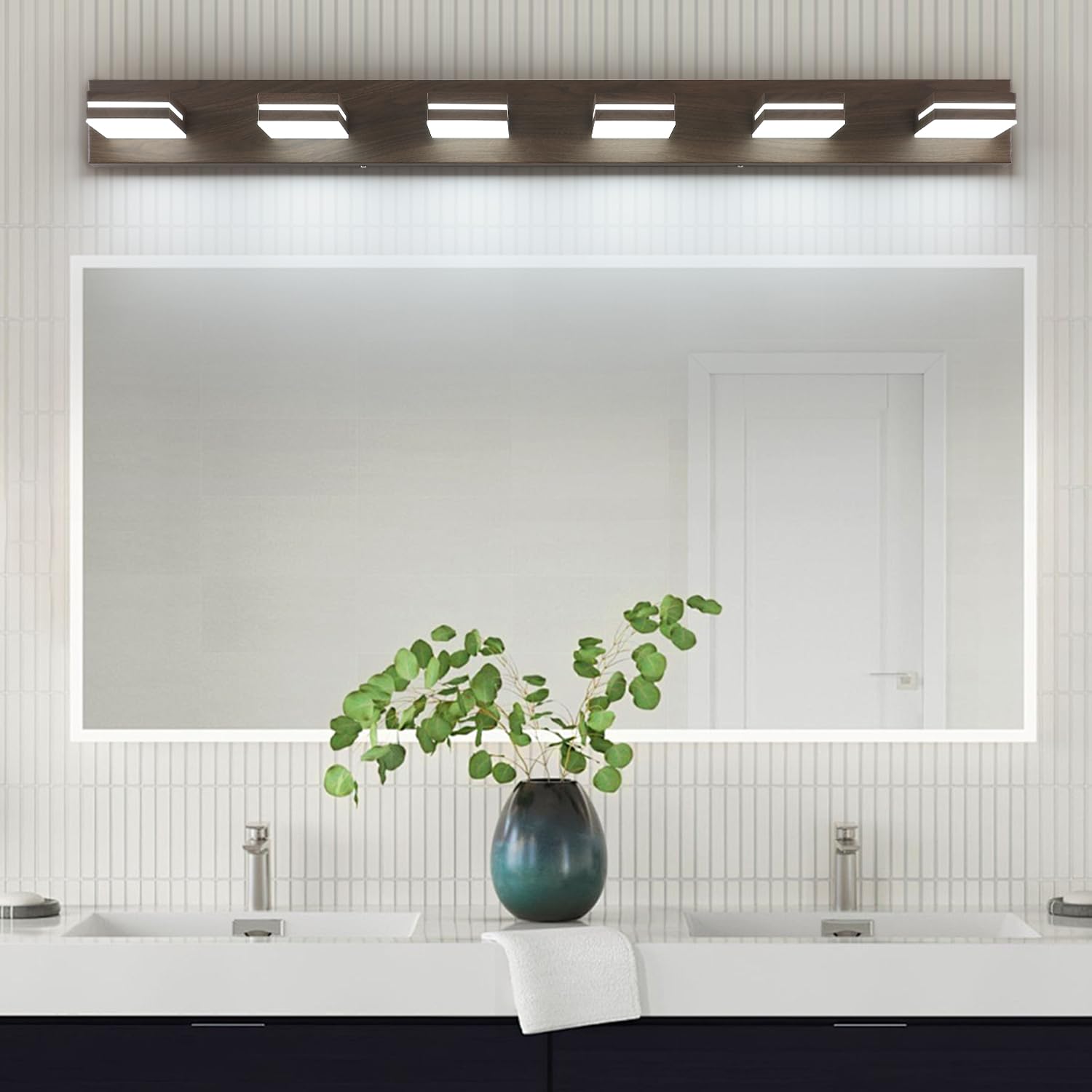 SineRise LED Bathroom Vanity Light Fixture, 6-Light, 48-Inch, Dimmable, Brown Wood Acrylic, Model 695650d2-4277-488d-9602