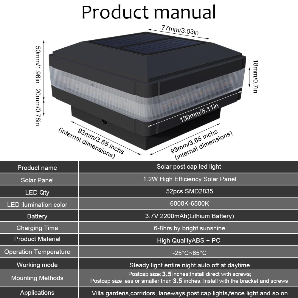INDARUN Solar Post Cap LED Lights, 4x4 5x5 6x6, Waterproof Landscape Lighting, 6500K White Light, Black, Model WS142B