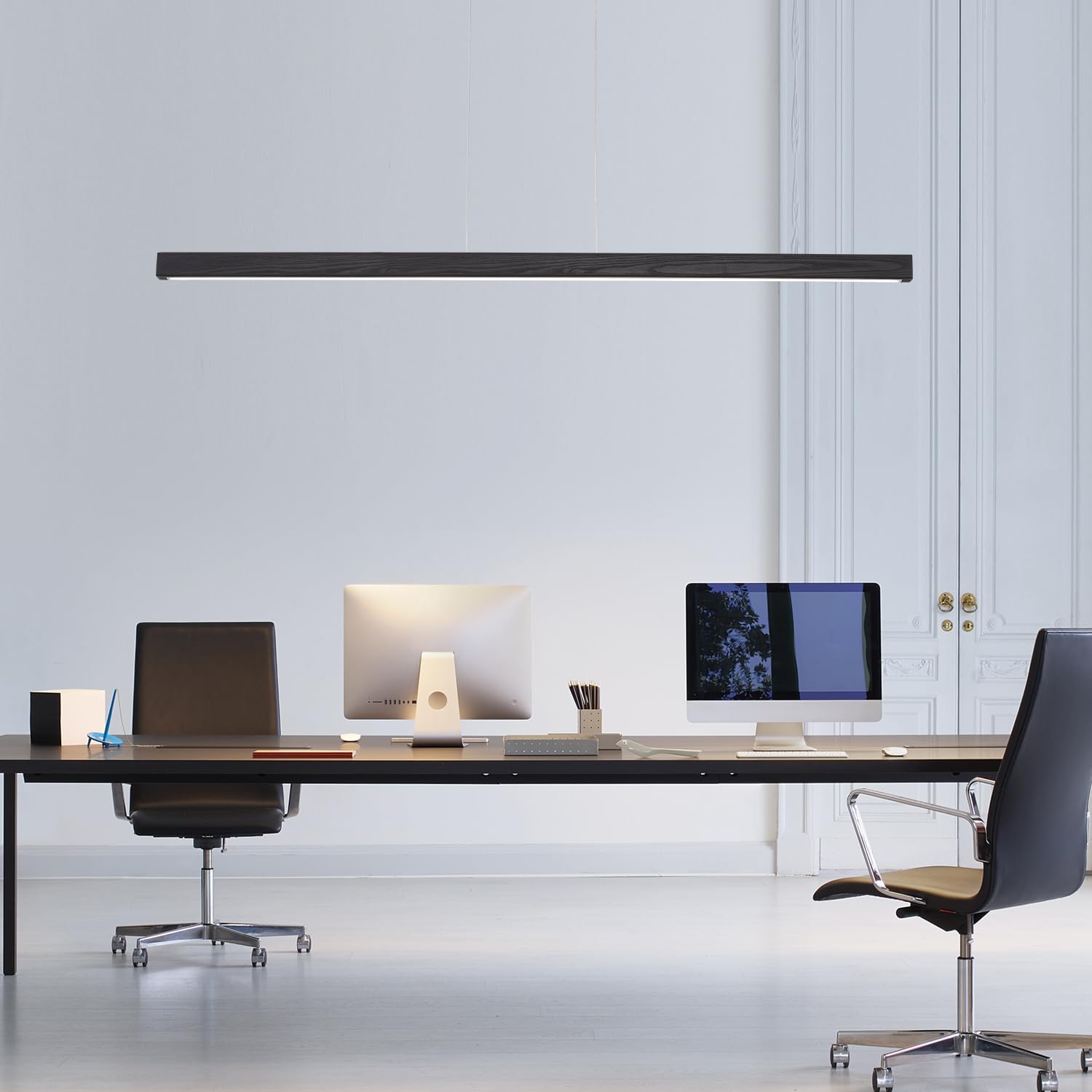 Black Wood Linear Pendant Light - Dimmable Led Chandelier With Remote  Modern Minimalist Lighting For Kitchen Islands  Dining Rooms & Pool Tables (Energy-Efficient 19W)