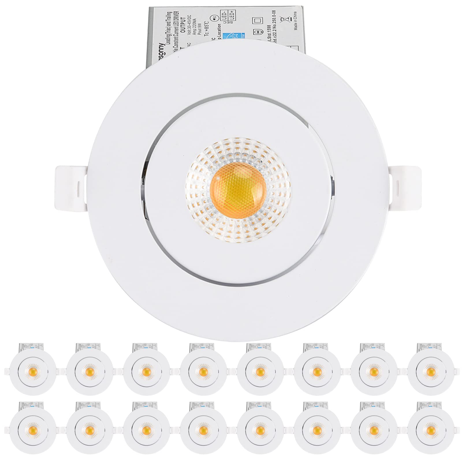 Gasonny 16 Pack Led Recessed Light 4 Inch,Adjustable Eyeball Gimbal, Led Recessed Lighting With Junction Box 9 Watts 750Lm Dimmable Ceiling Light Etl Listed (3000K/4000K/5000K Option)