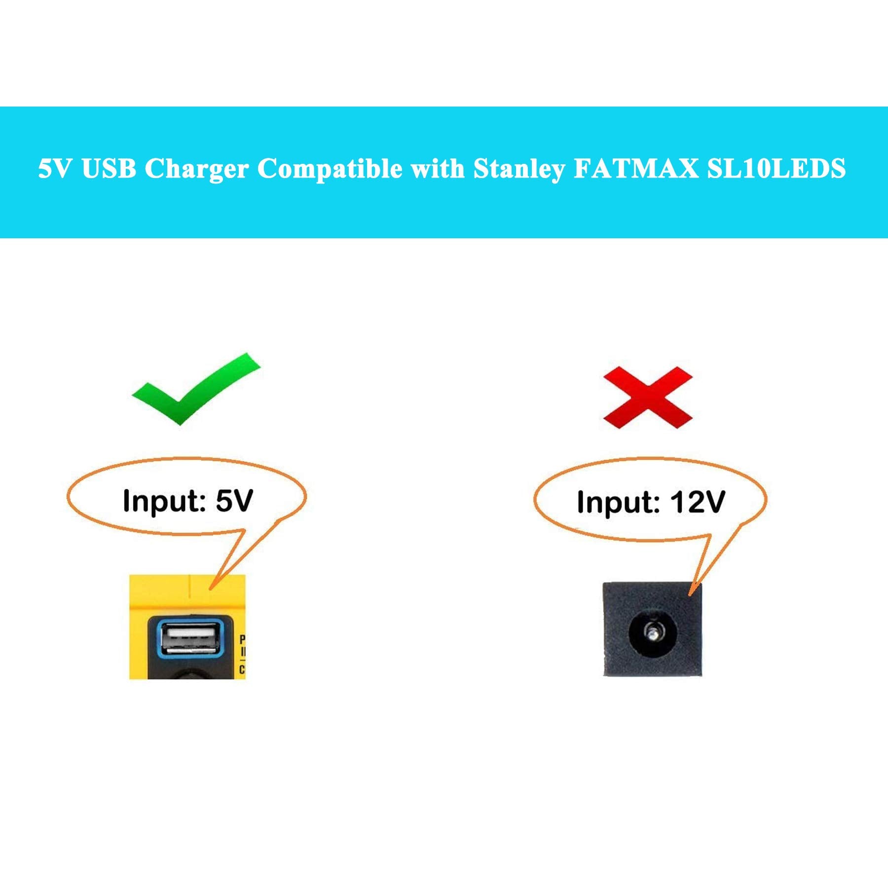 WUKUR Replacement Charger for Stanley Fatmax SL10LEDS Flashlight - 5V Power Cord, Yellow, Model CT-1250