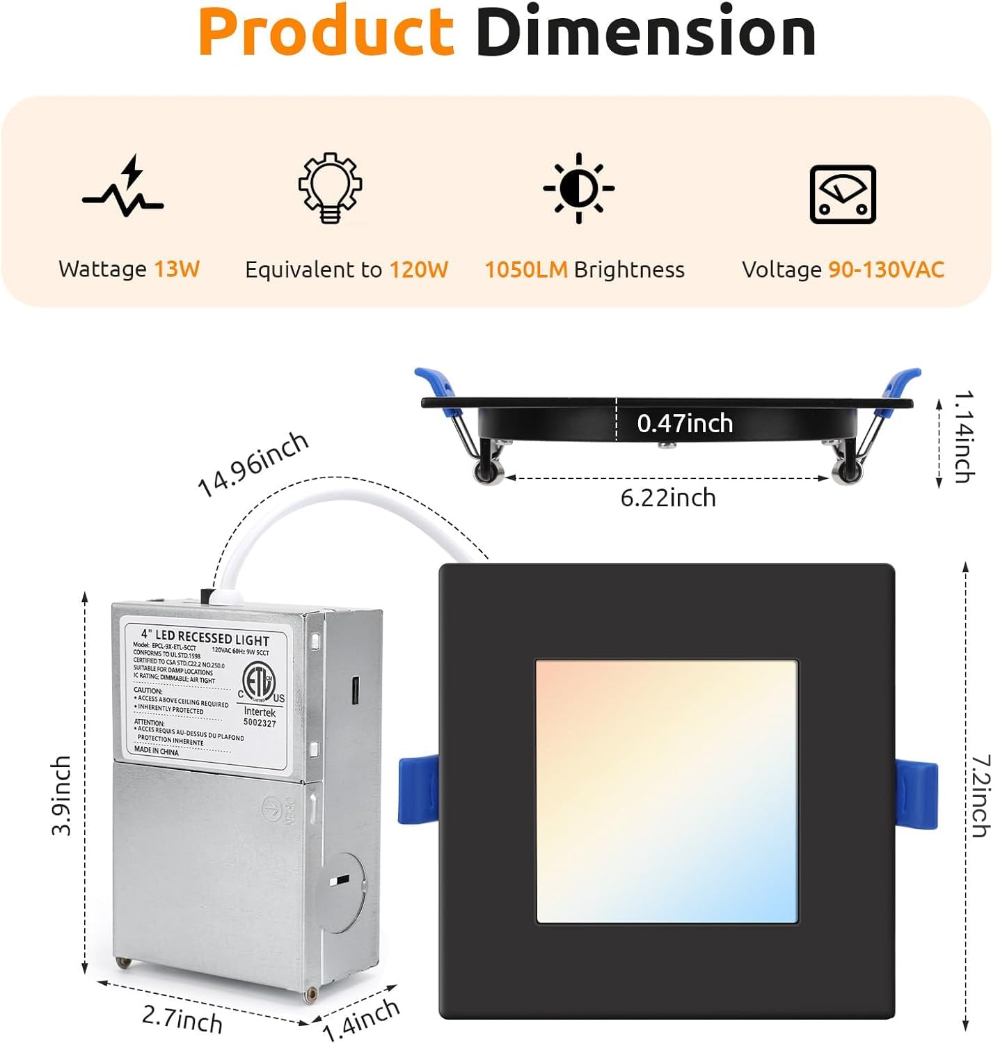 Honzin 1 Pack 6 Inch Square Led Recessed Lighting  5Cct Ultra-Thin Led Ceiling Lights  2700K/3000K/3500K/4000K/5000K Selectable  13W  Ic Rated  Dimmable Black Square Trim With Junction Box