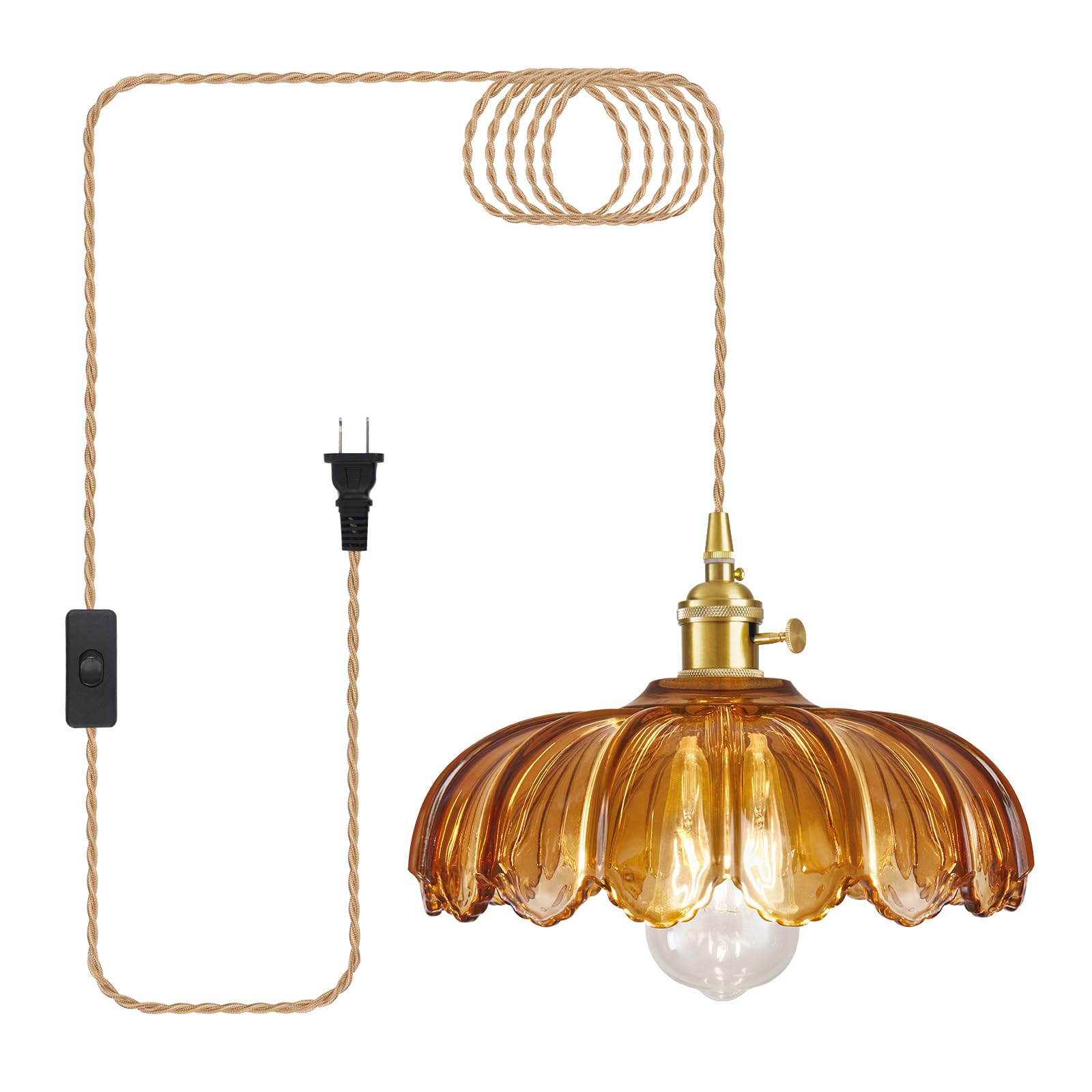 Beserwin Plug In Pendant Light  Hanging Lights With Plug In Cord  Hanging Light Fixture With Amber Color Glass  E26 Pendant Lighting For Kitchen Island  Bedroom  Dining Room-Browm