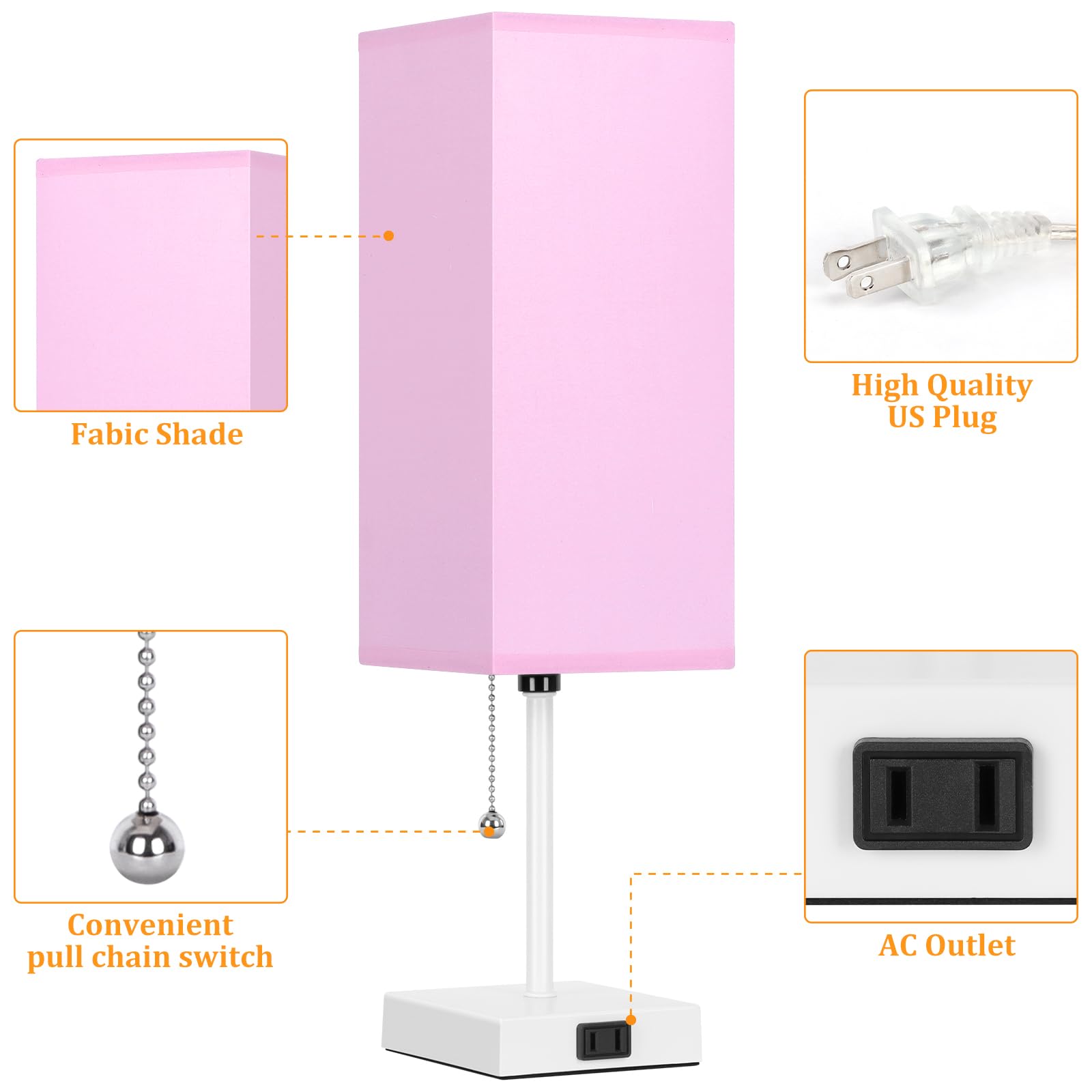 Dott Arts Table Lamp Set of 2, 18in Plastic Nightstand Lamps with Pull Chain, 3 Colors, White-Pink, Model PTL6W-025
