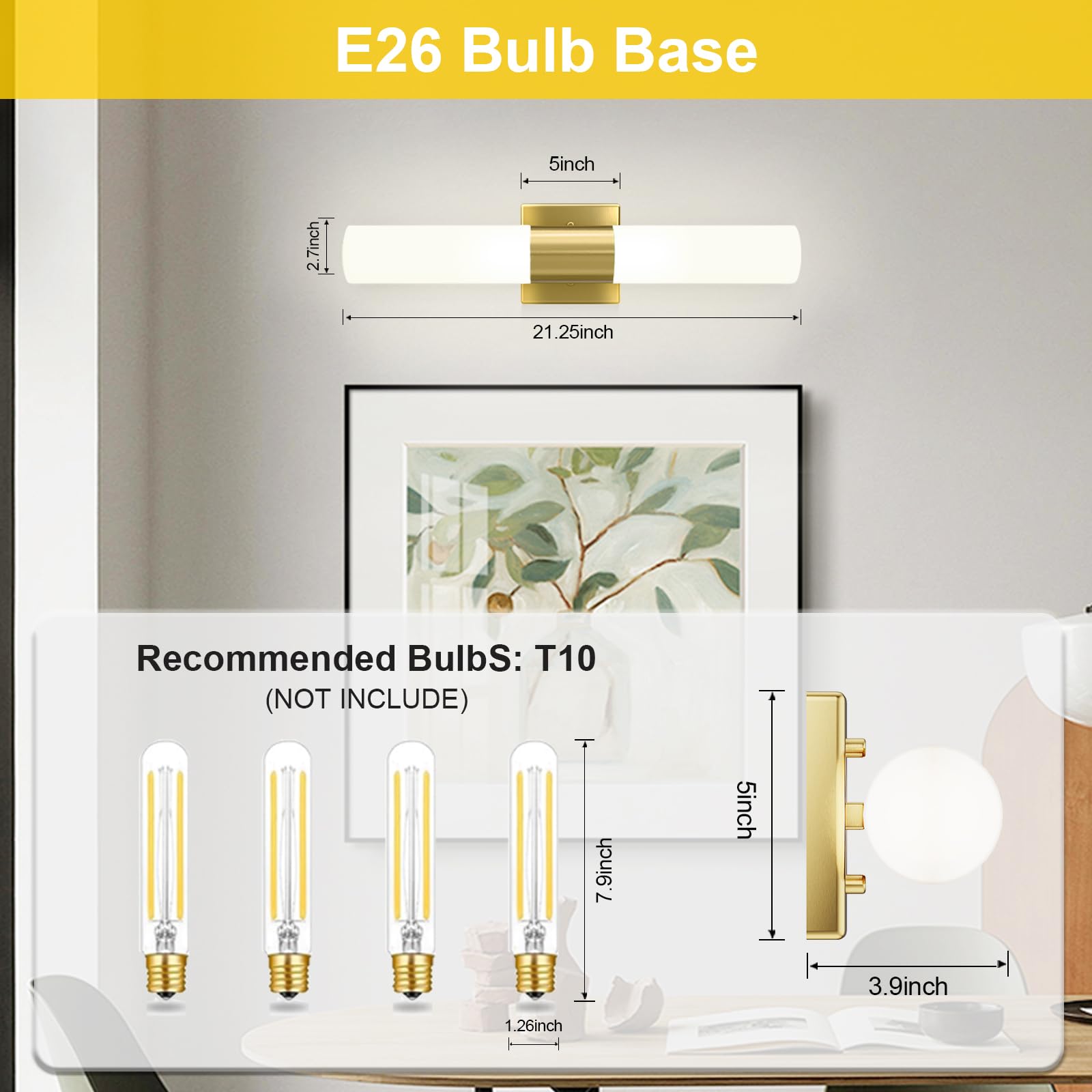 Kalium Modern Bathroom Wall Sconces Set of Two, 21" Brushed Gold Vanity Lights with Frosted Glass Shade, Model WL052A-SB