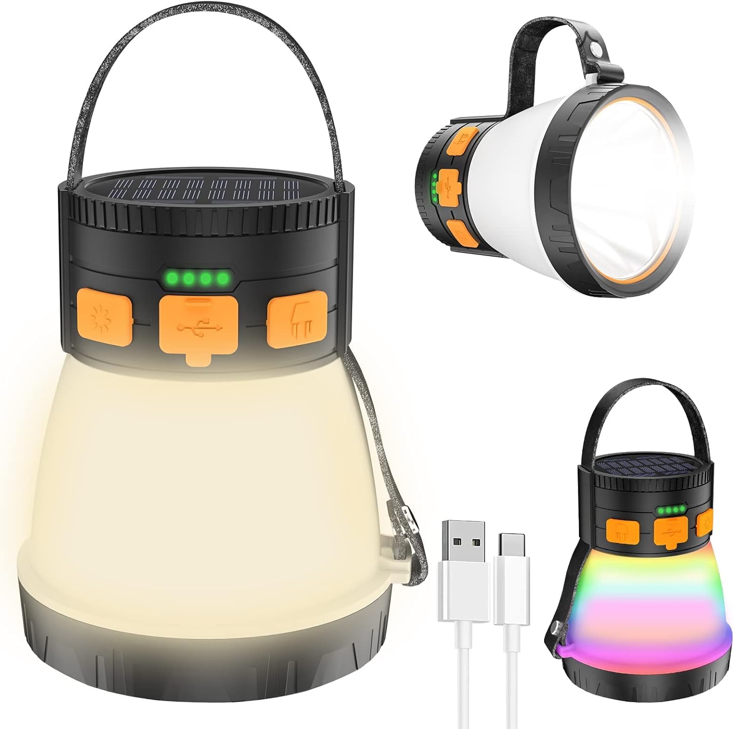iToncs 2 Pack LED Camping Lantern, 1500 Lumens, Waterproof, Solar Rechargeable, 7500mAh Power Bank, Orange&Black