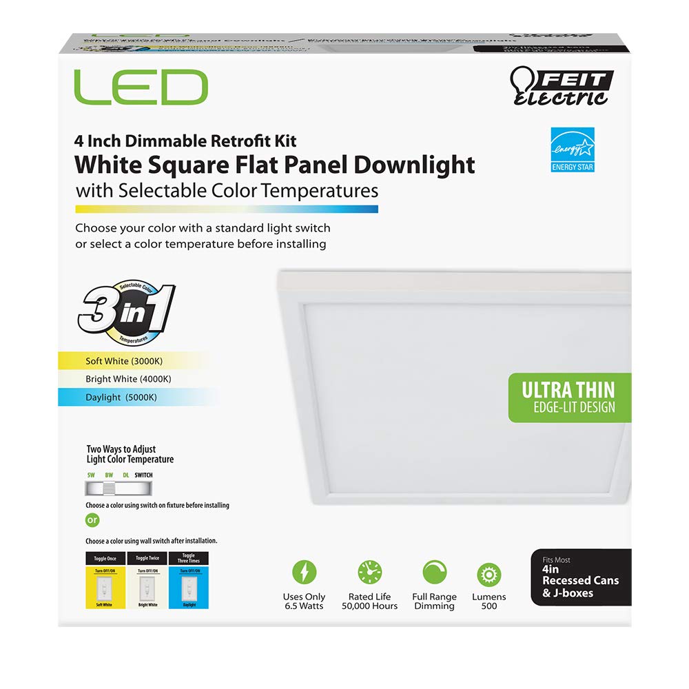 Feit Electric Dimmable LED Square Flat Panel Light, 4in x 4in, Color Selectable, Soft White/Bright White/Daylight, Model 74204/CA