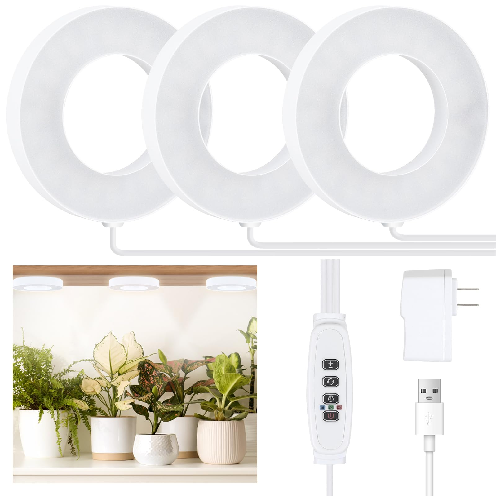 Aopeids 144 Led Grow Lights For Indoor Plants Full Spectrum 5000K, Upgraded 3 Lighting Modes, Plant Light With Auto On/Off Timer 4/8/12H, Halo Small Grow Light 10-Level Dimmable (White, Tri Head)