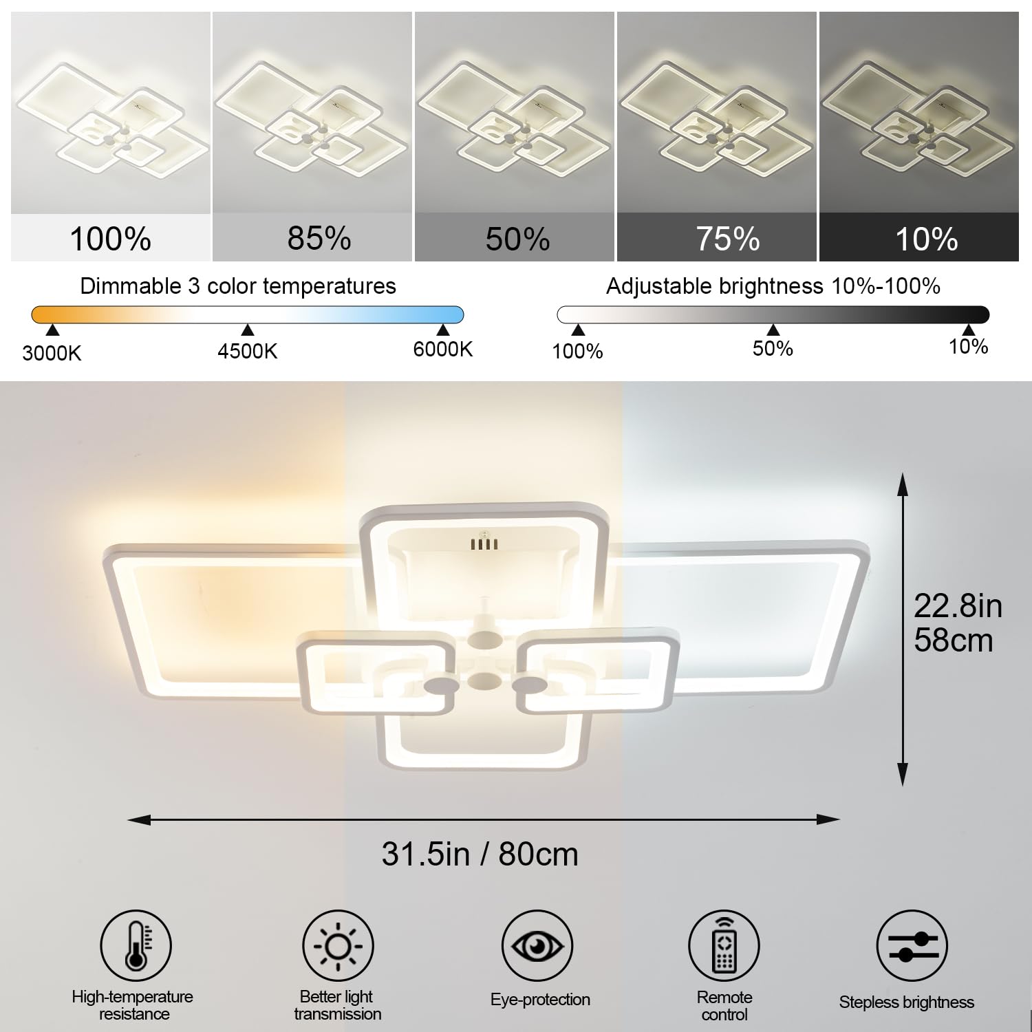 SITAFU Dimmable Ceiling Lamp with Remote, 6 Light, White, 3000K-6500K, Modern Flush Mount Lighting Fixture, Model EB-001-6Sqr