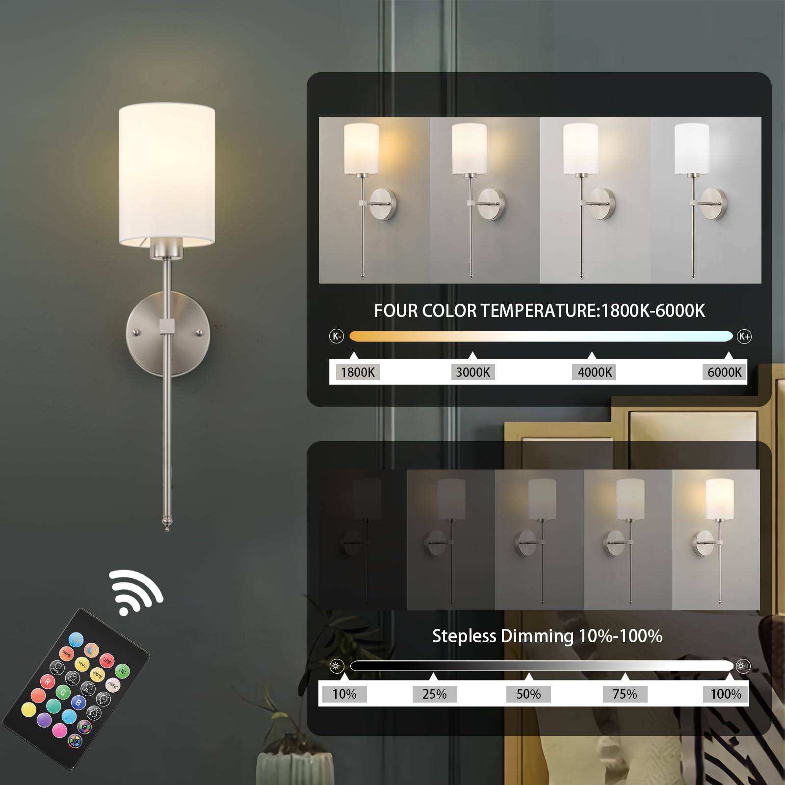 KARTOOSH Battery Operated Wall Sconce Set of Two, Wireless Rechargeable, Dimmable 1800K-6000K, 26.8 Inch, Nickel, Model ZM