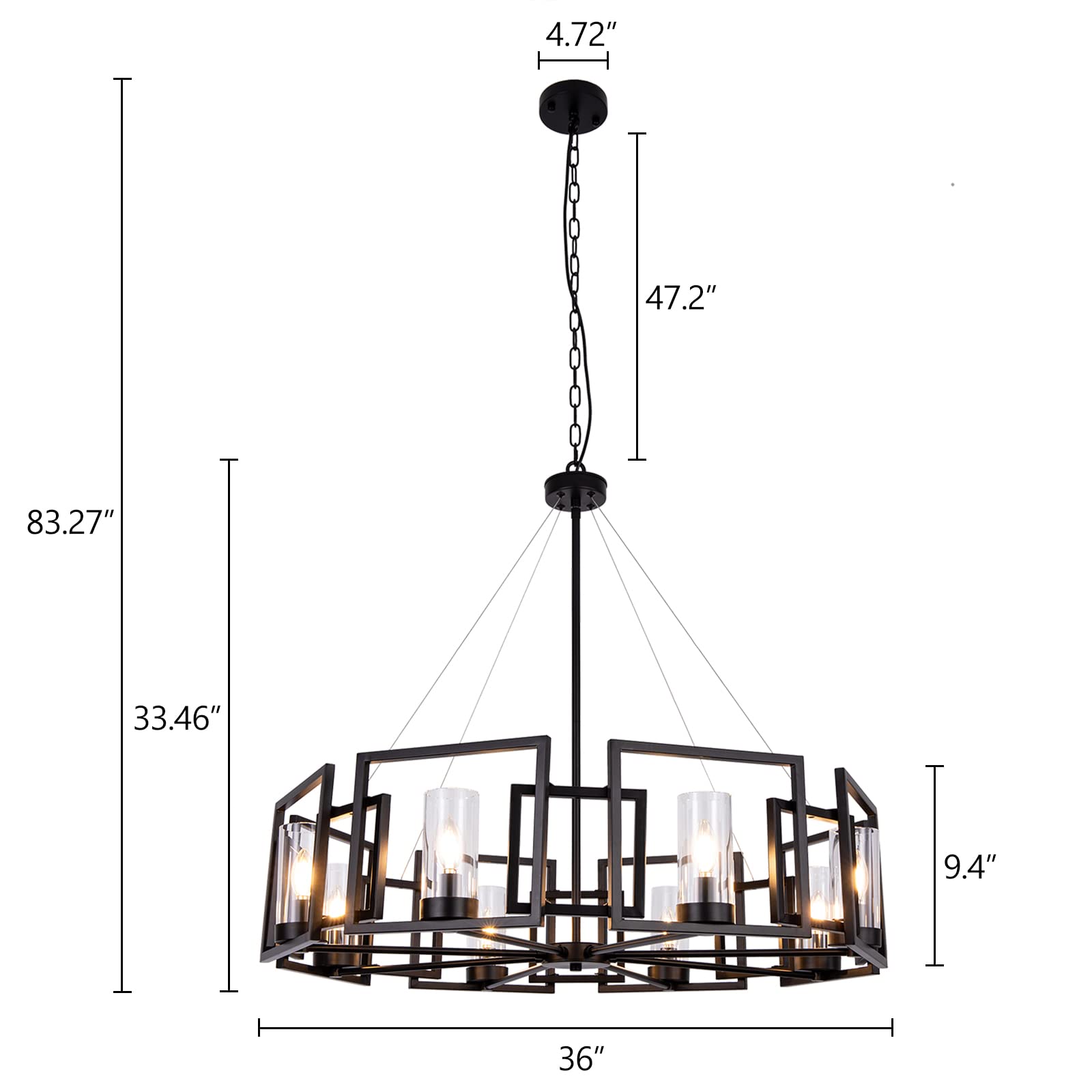 TOCHIC 36" Black Farmhouse Chandelier, 8-Light Metal Wagon Wheel Pendant Light Fixture for Dining Room, Living Room, Kitchen, Foyer