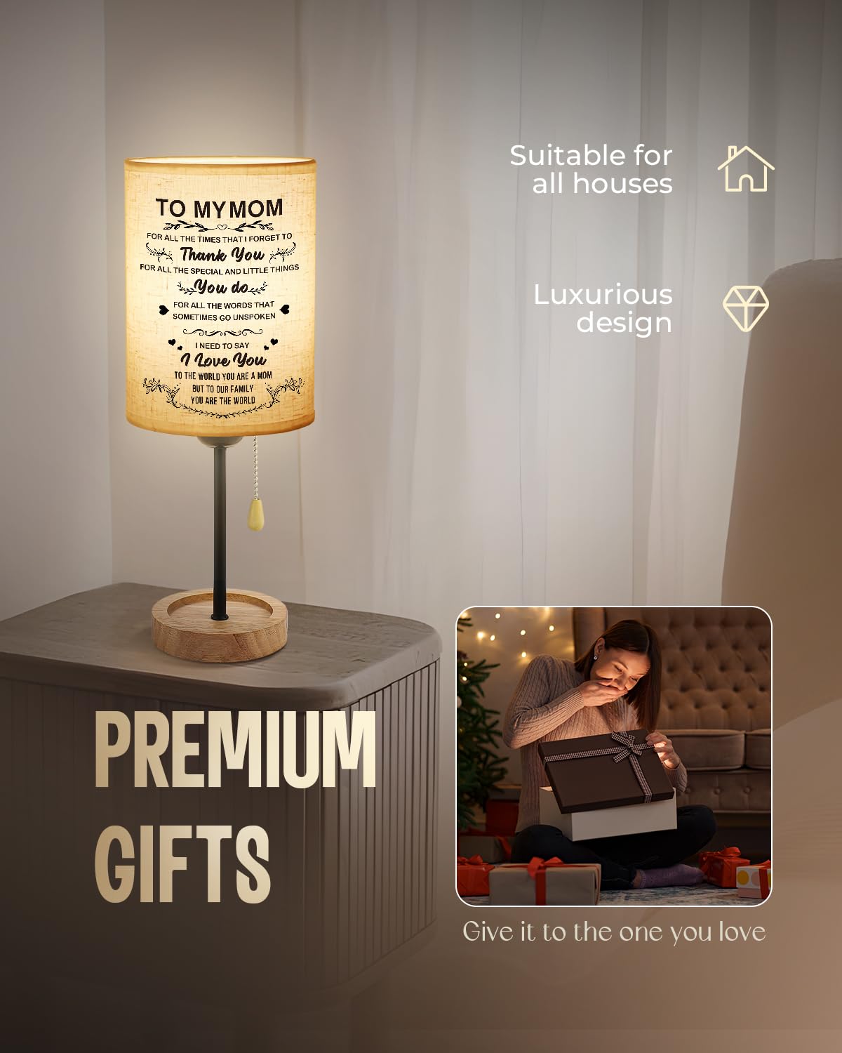 Calibron Gifts For Mom From Daughter Son Linen Fabric Wooden Table Lamp,Mom Birthday Gifts Bedroom Lamp, Retirement Birthday Gif