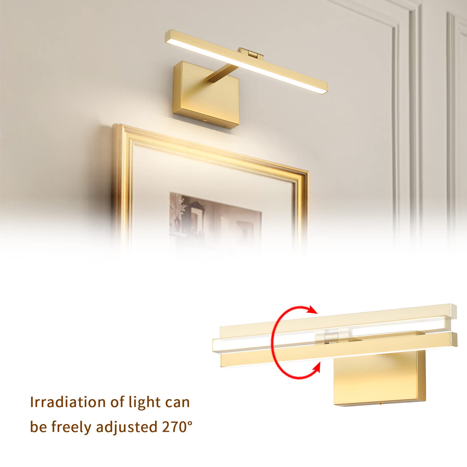 Joosenhouse Hard Wired Picture Light, 300 Lumens, Dimmable, 15.74in Long, Gold, Model 7520-400-D, Metal Wall Lamp for discomfort-reducingtings