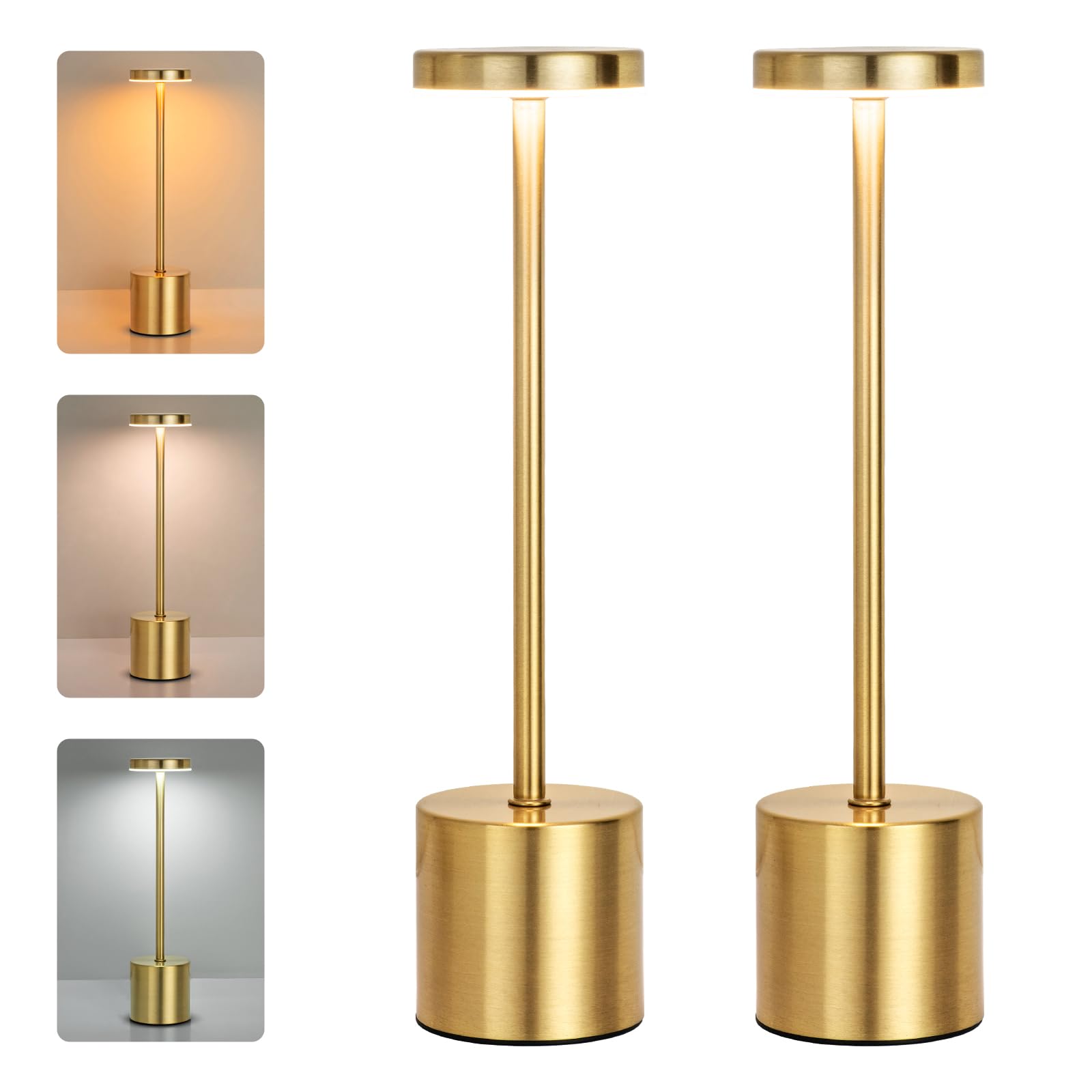 ZOOPEEN Gold Cordless Table Lamp Set of 2,Rechargeable 5200mAH Battery Operated Touch Desk Lamp,3 Color Stepless Dimming Up Beds