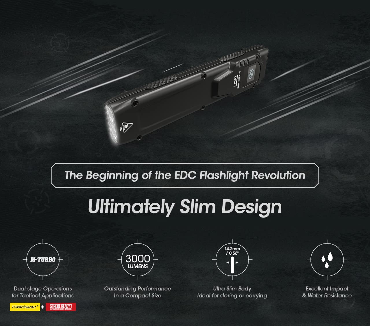EdisonBright EDC27 3000 Lumen USB Rechargeable Slim LED Flashlight - Black, Stainless Steel, Model NC-EDC27-EBUSBACCC