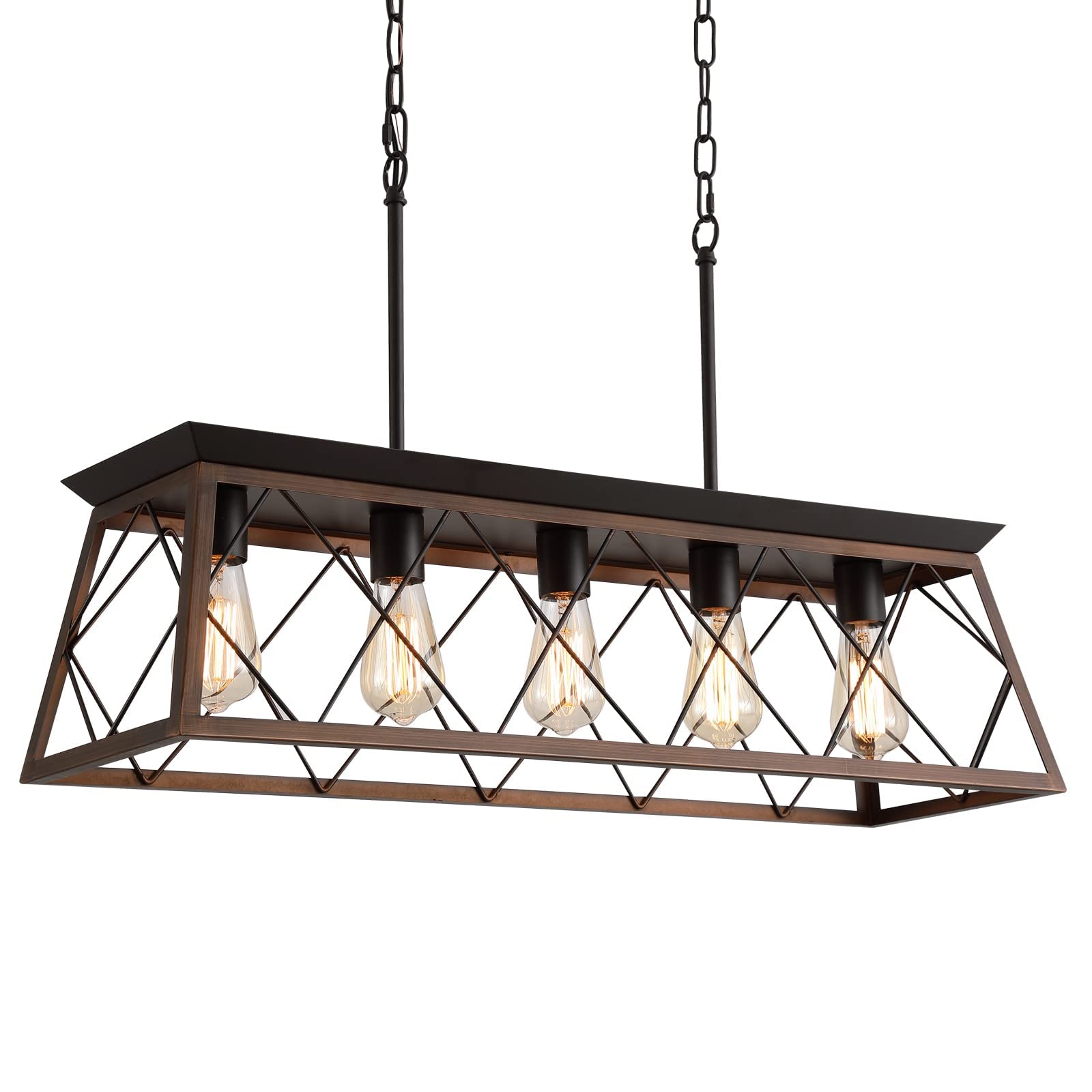 Q&S Farmhouse Rustic Chandelier Light Fixtures Bronze 5 Lights Linear Rectangular Chandelier Pendant Light Fixtures For Dining R