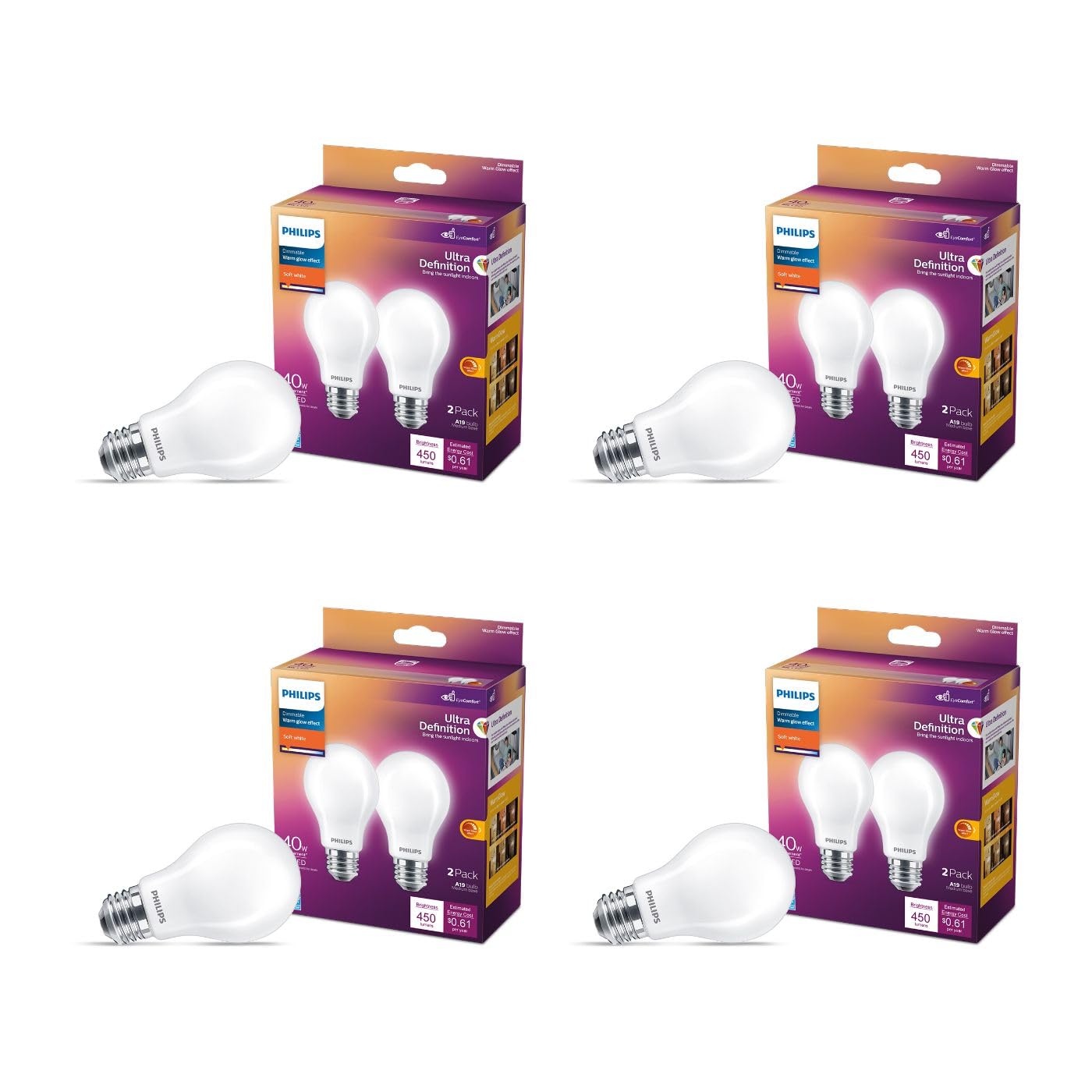 Philips Led Flicker-Free Frosted Dimmable A19 Light Bulb - Eyecomfort Technology - 450 Lumen - Soft White (2700K) - 5W=40W - E26