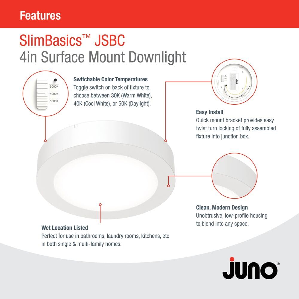 Juno Slim Basics 4 Inch Led Ceiling Light, Low Profile Surface Mount Downlight For Shower Or Closet Lighting, 3000K/4000K/5000K