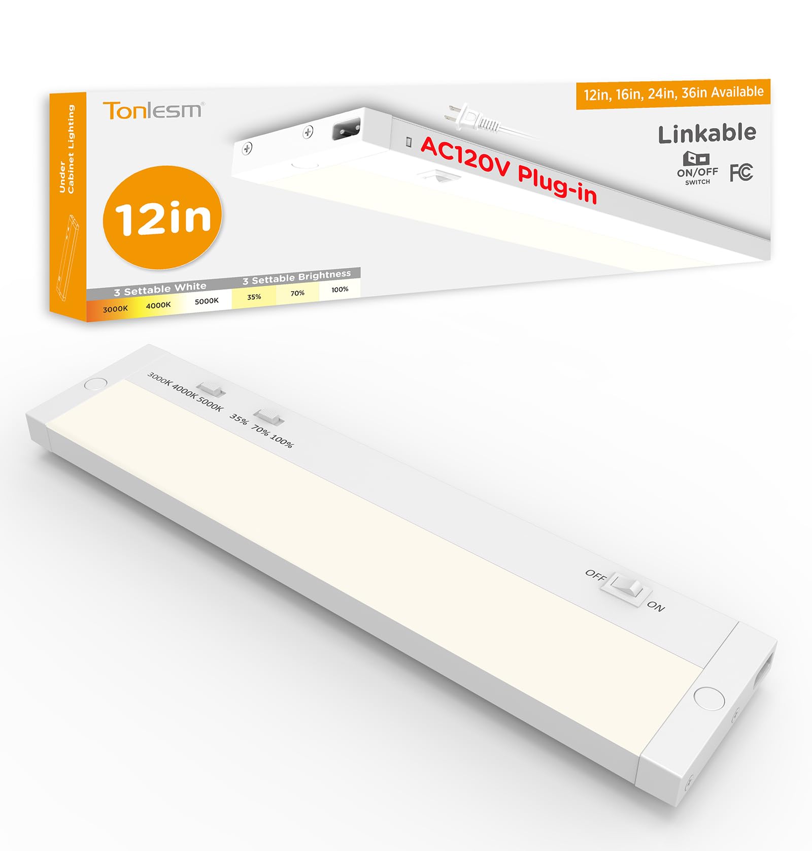 Tonlesm 12 Inch Under Cabinet Lighting Plug in  7W 120V 3 Color 3000K/4000K/5000K  3 Brightness  Super Bright  Ultra Thin Under Counter Lights for Kitchen  Linkable LED Cabinet Light White