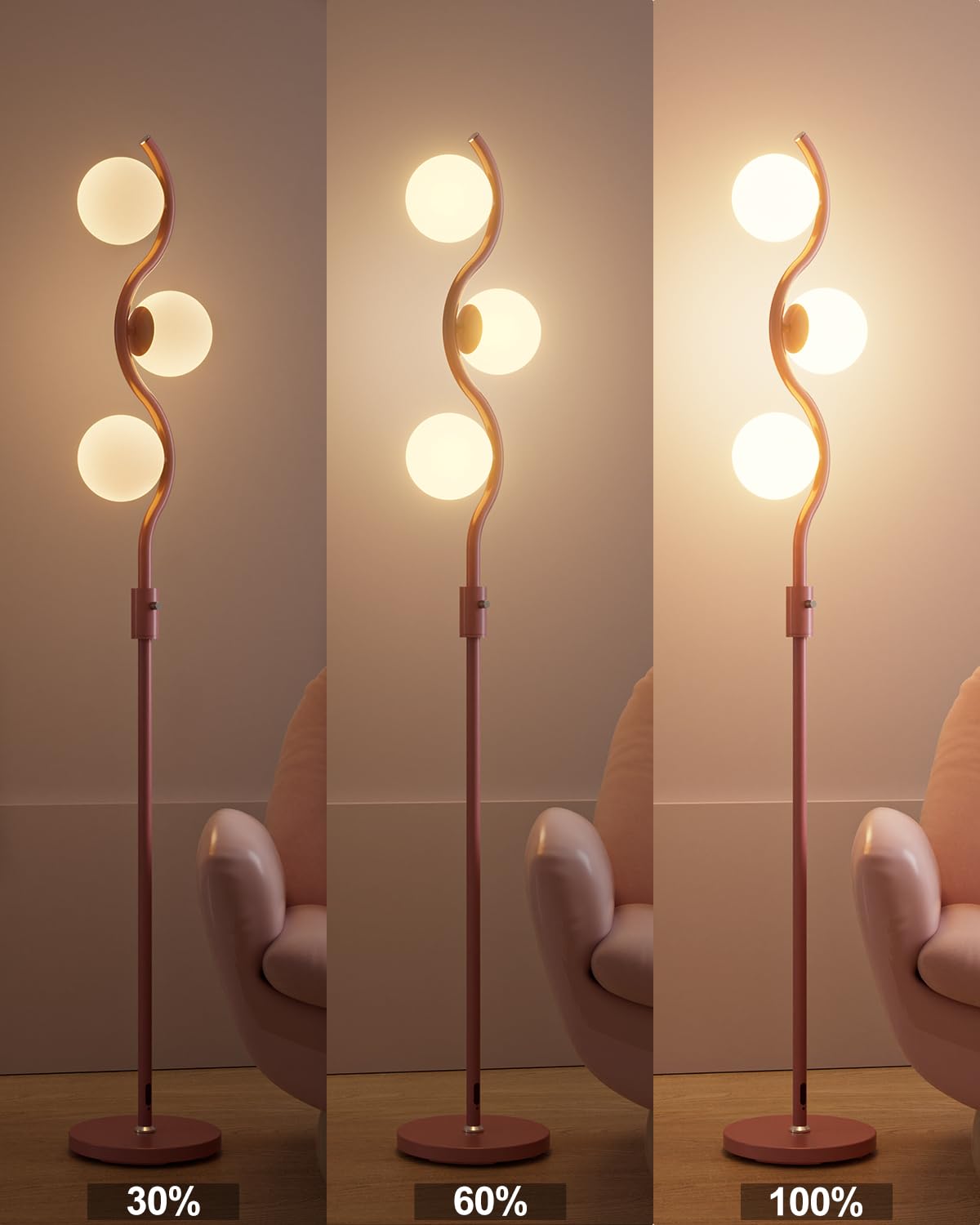 Lightdot 60In Dimmable Pink Floor Lamp Mid Century Standing Lamps With 3Pcs G9 3000K Warm White Bulbs Stepless Dimming Globe Mod