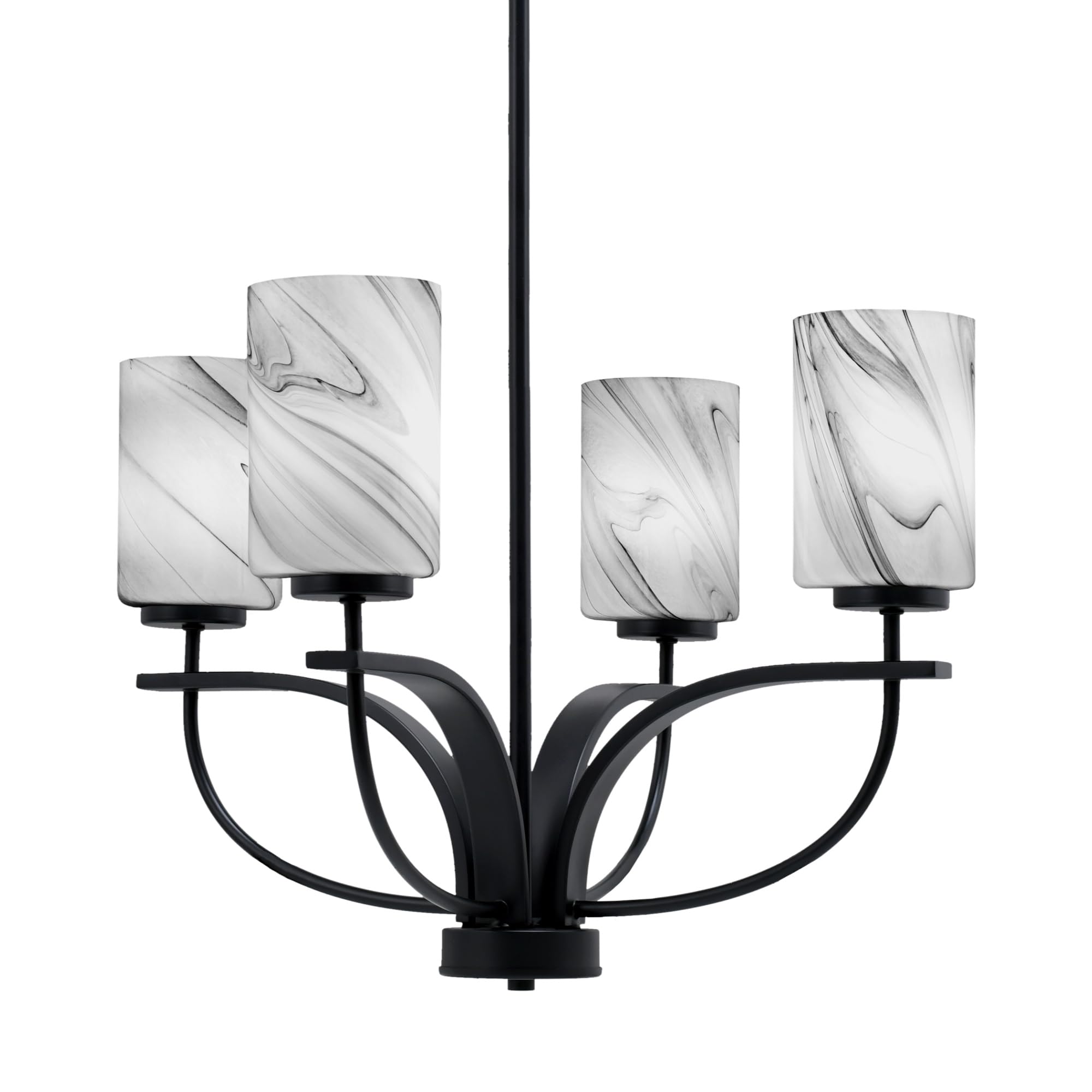 Toltec Lighting Cavella 4 Light Chandelier Shown in Matte Black Finish with 4" Onyx Swirl Glass